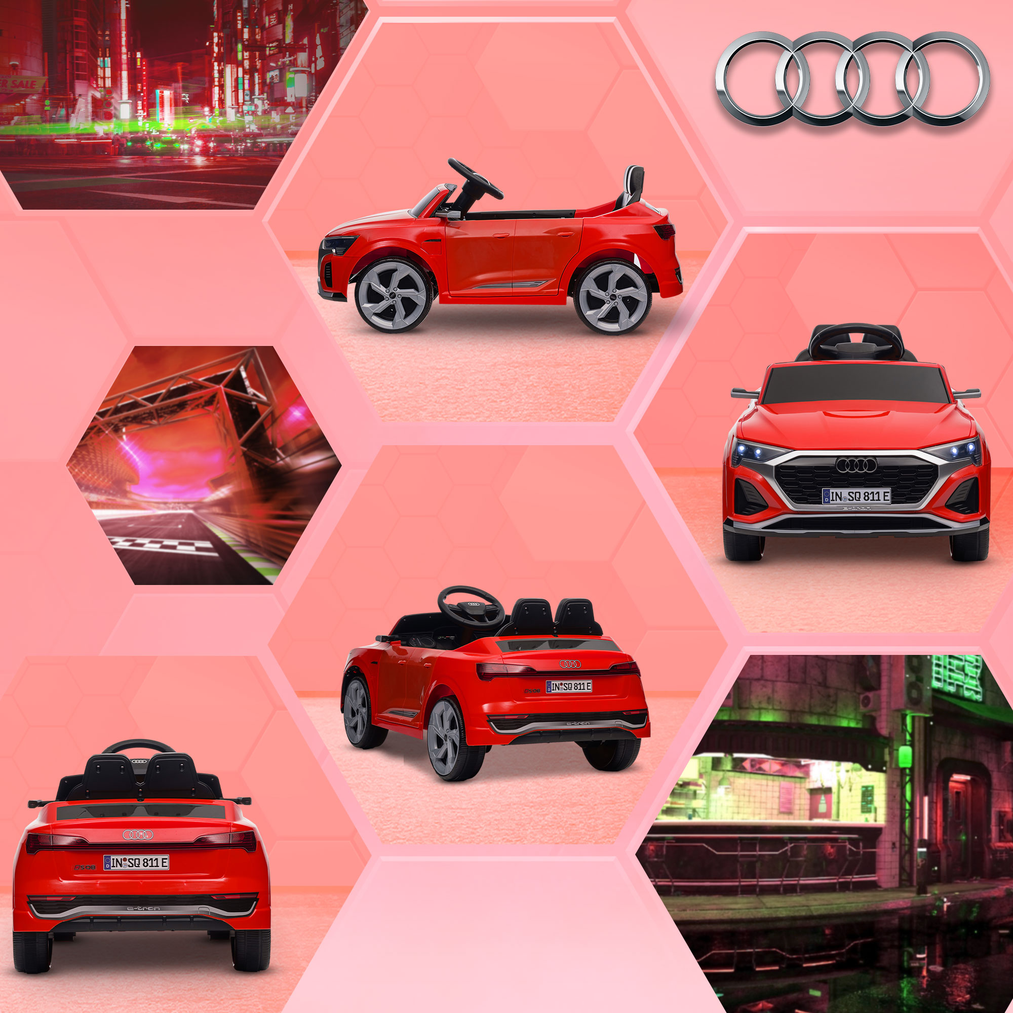 Kinderfahrzeug Audi Q8, 3-5 km/h, Fernsteuerung, Scheinwerfer, Musik, rot
