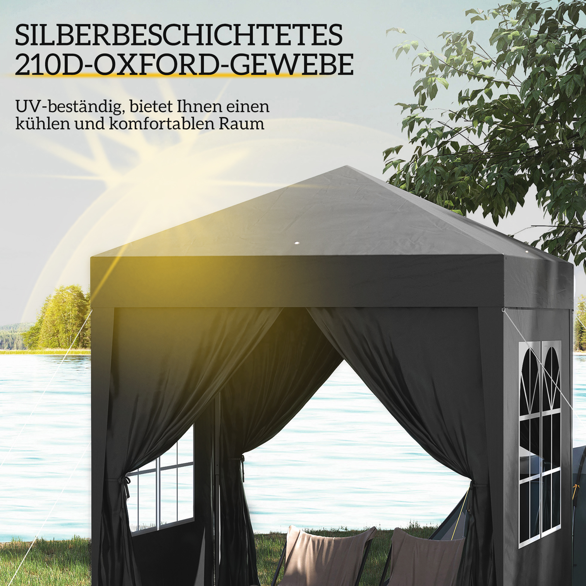 Faltpavillon, Bierzelt, 4 abnehmbare Seitenwände, 2 Fenster, Metallrahmen, 2 x 2m, Schwarz