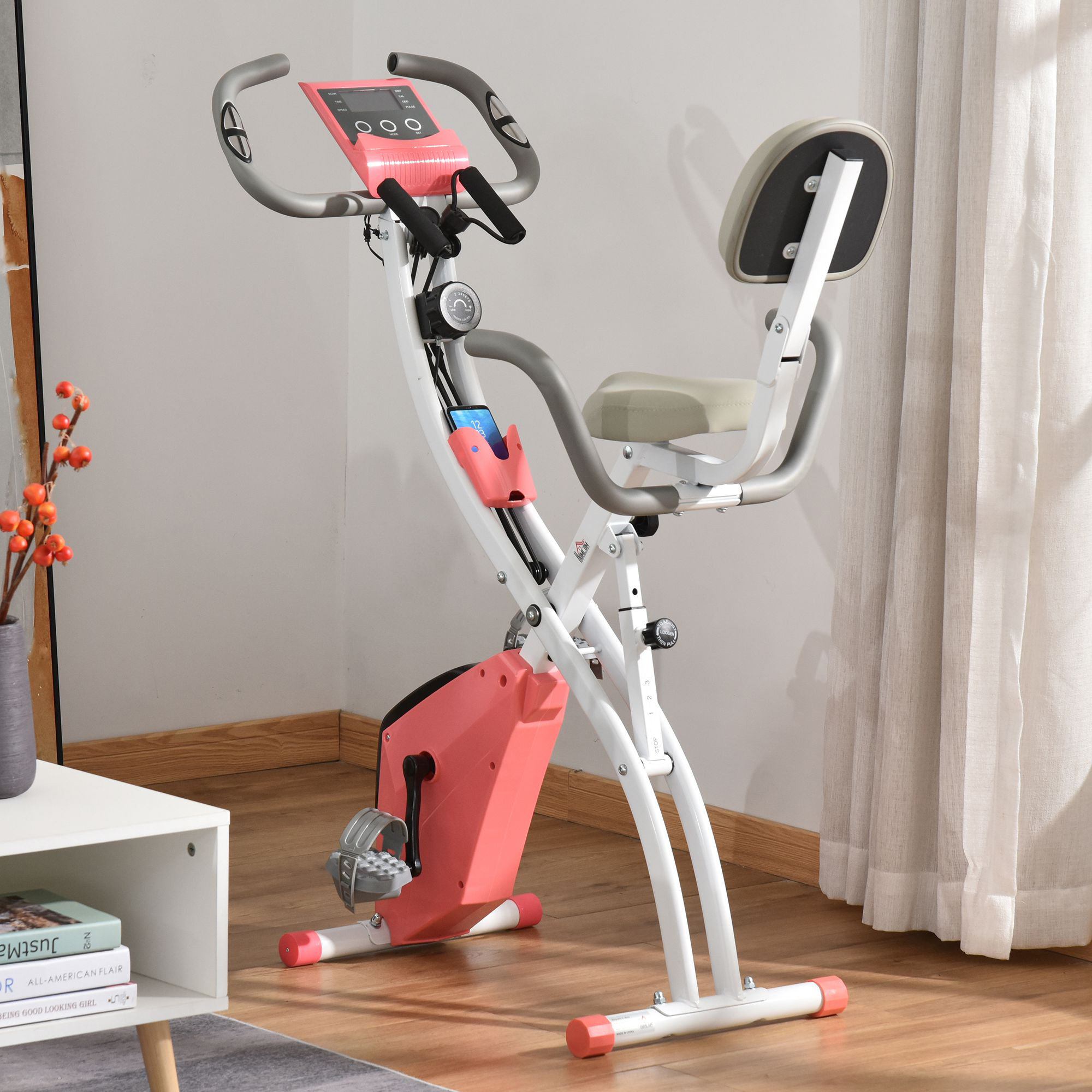 Heimtrainer 2-in-1 Fahrradtrainer mit LCD-Display Pulsmesser verstellbar Sitz Räder, klappbarer Hometrainer Trimmrad mit 8 stufig Magnetwiderstand, Spannseil, Stahl