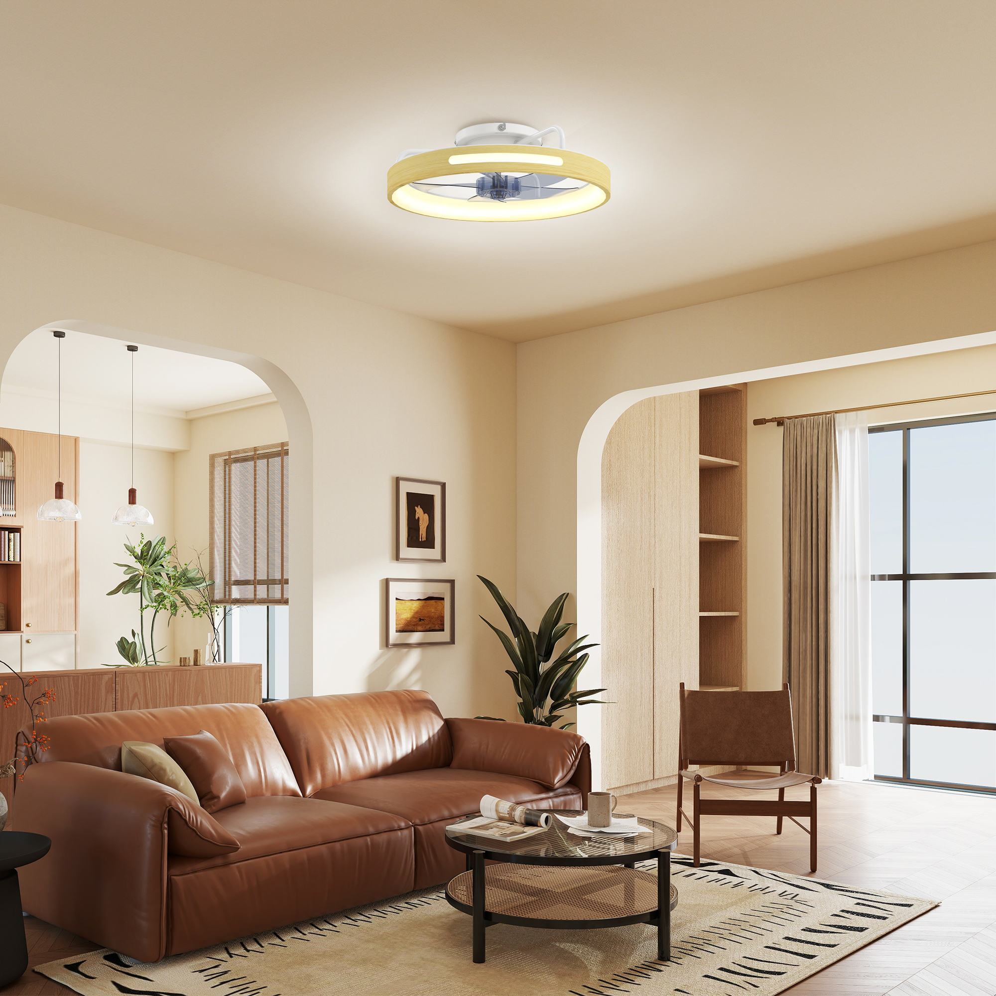 Deckenventilator mit Licht und Fernbedienung, 49 cm LED-Deckenventilator mit 3 Farbtemperaturen, natürliches Holzfinish
