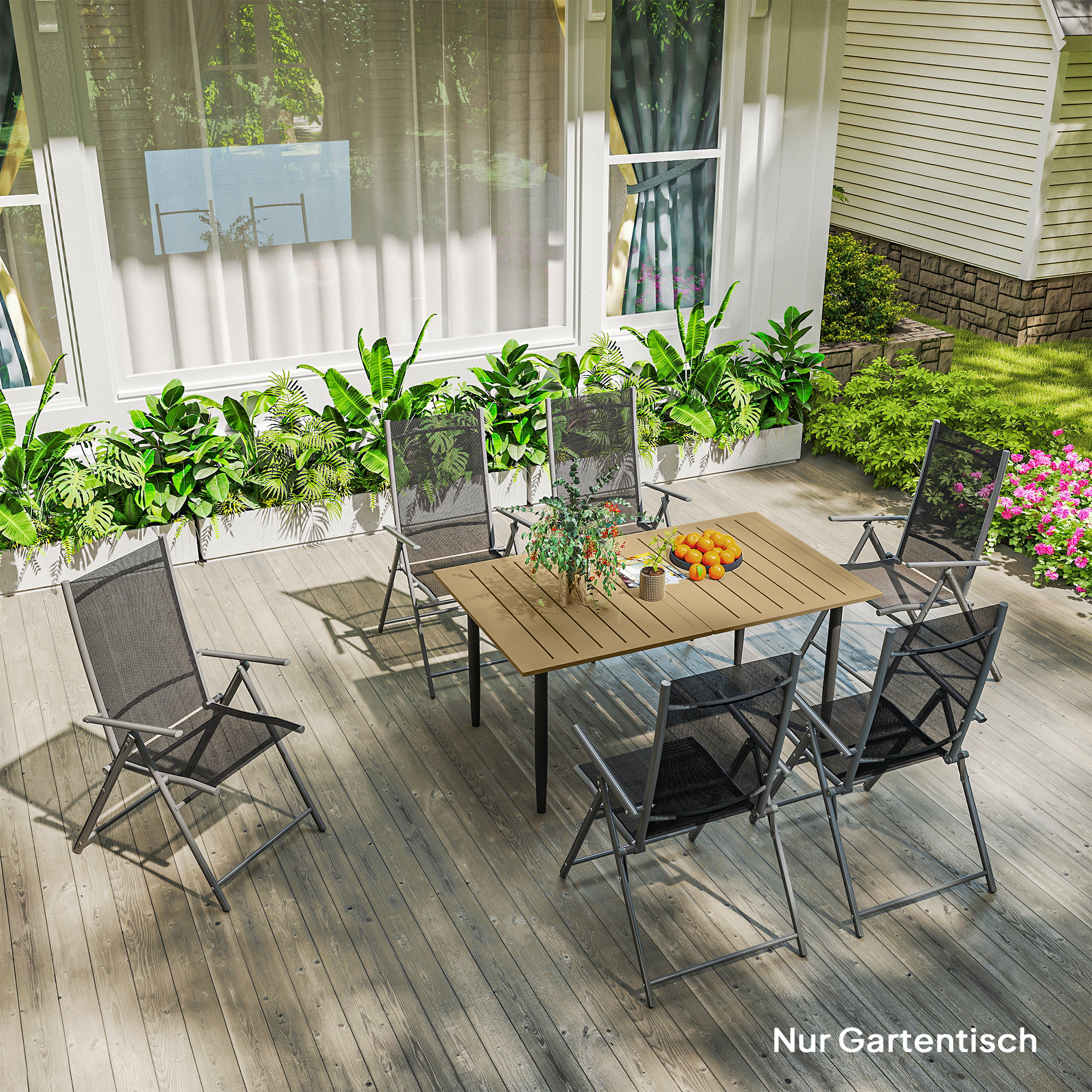 Gartentisch 150x90cm, Wetterfest Balkontisch aus Stahl, Balkontisch mit Schirmloch Braun