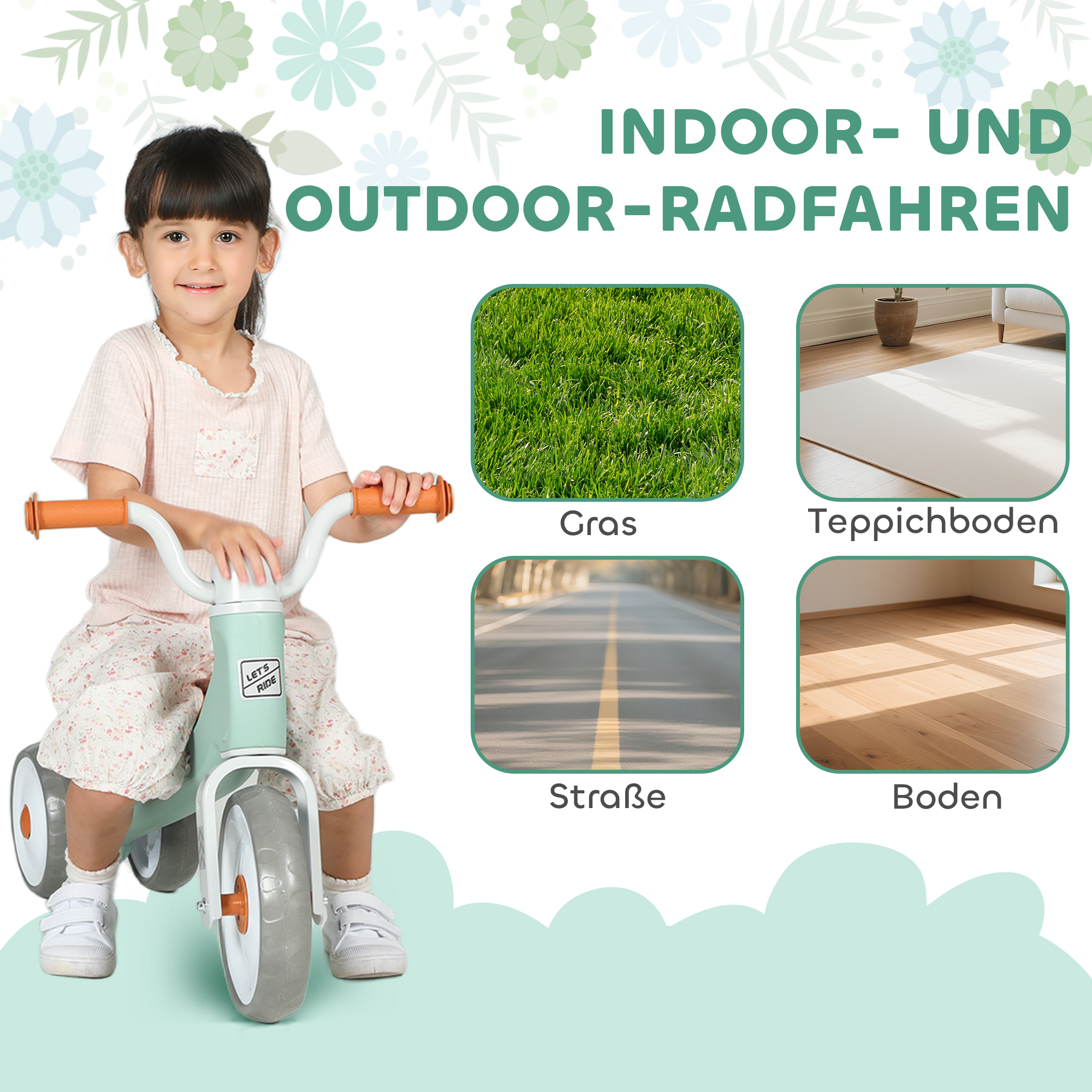 Toddler Balance Bike with No Pedal, 3 Silence Wheels for 12-36 Months Boys and Girls, Indoor Outdoor, Green