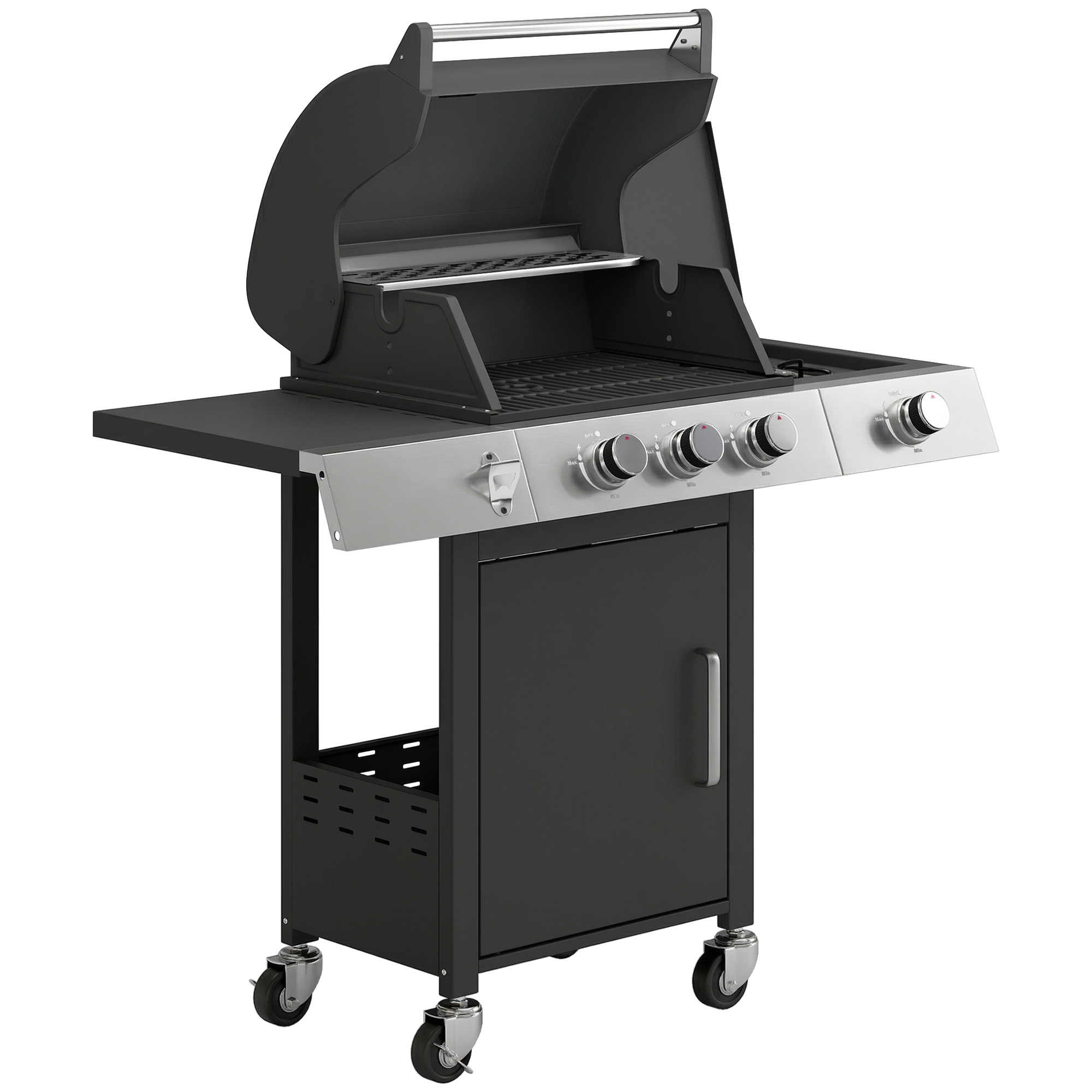 Gasgrill 10,5 KW 3+1 Brenner BBQ Grillwagen Edelstahl inkl Seitenbrenner Flaschenöffner Thermometer Gusseisen-Grillrost