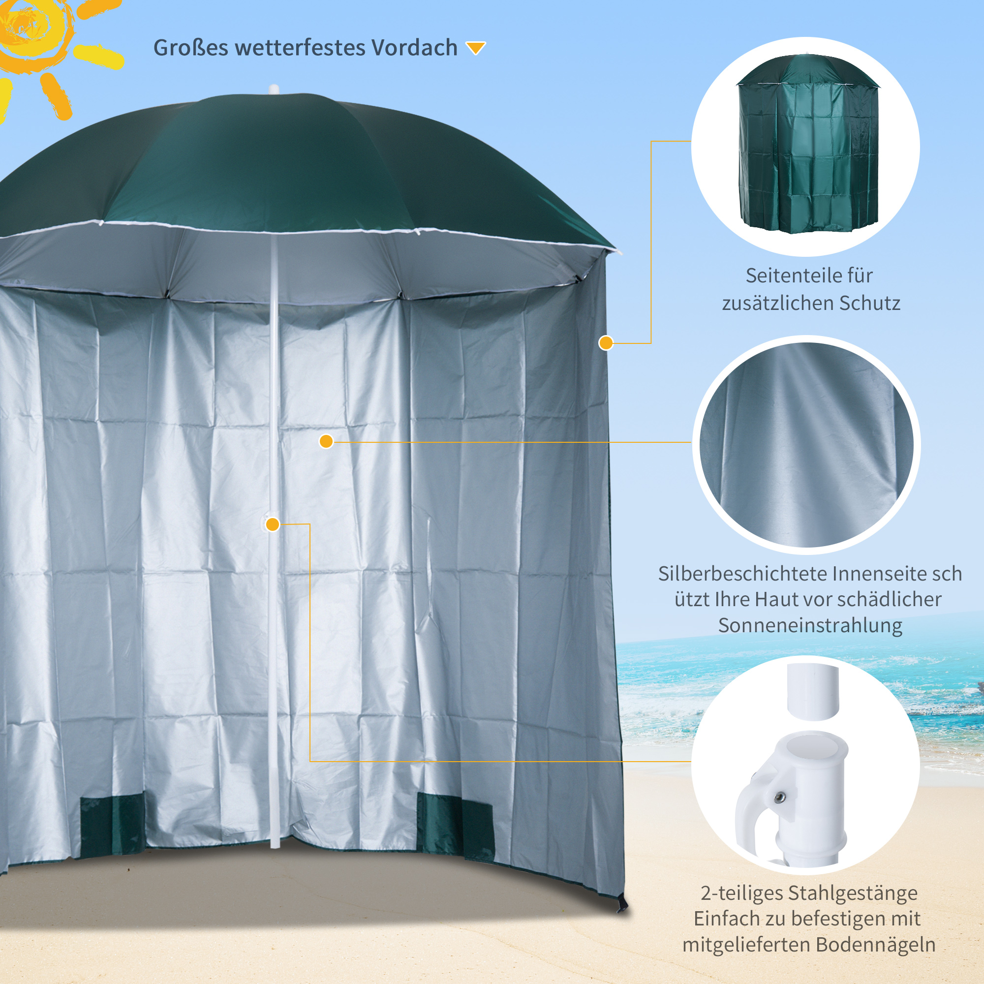 Sonnenschirm Strandschirm Sonnenschutz mit Seitenwand Strand Polyester Dunkelgrün 2,2 x H2,2m