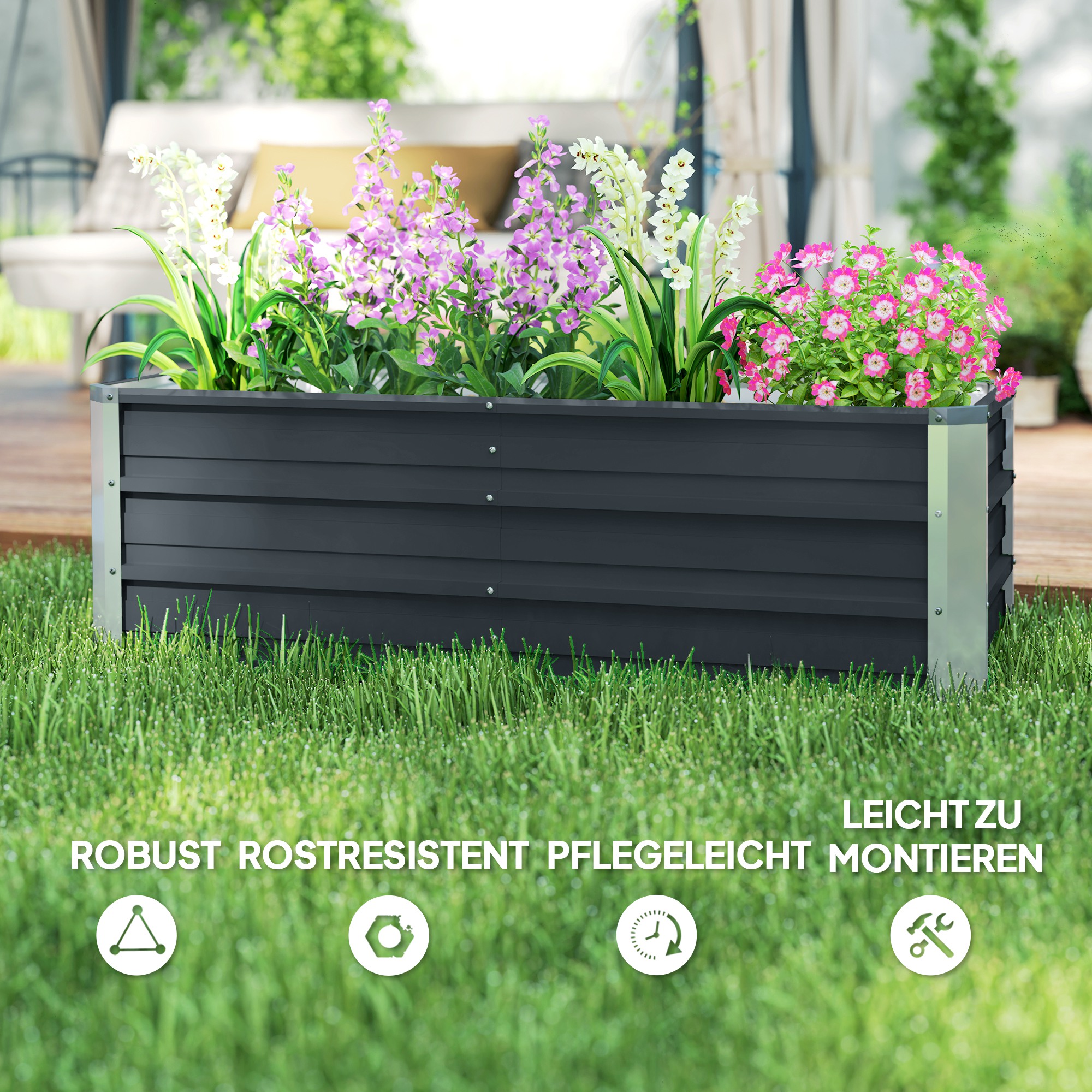 Hochbeet aus Stahl Gartenbeet Pflanzkasten Blumenkasten Blumenkübel mit Handschuhe Kohlegrau 125 x 47 x 40 cm