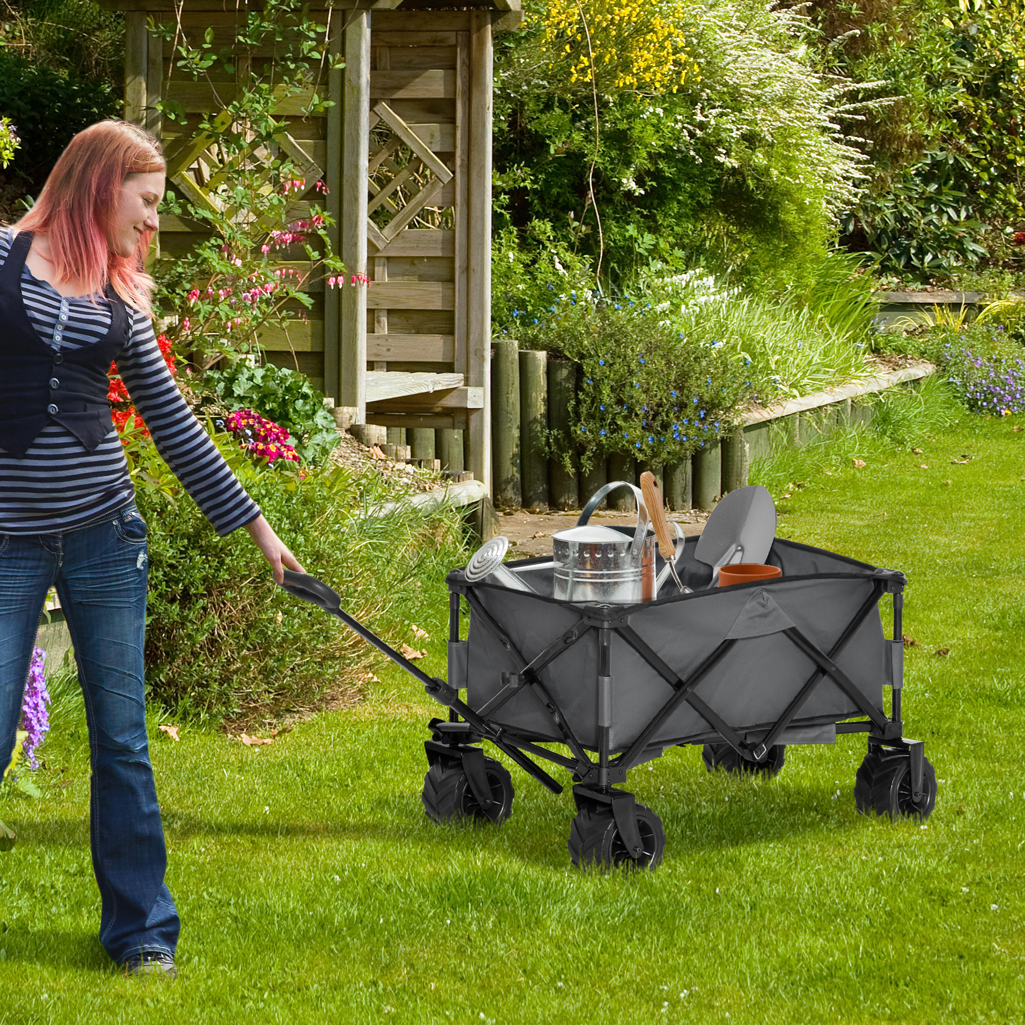 Bollerwagen Faltbarer Handwagen 360° Gartenwagen Transportwagen mit  Teleskop Griff Verstellbarer Griffhöhe Strandwagen bis 70 kg Tragkraft Metall Oxford Dunkelgrau 108 x 55 x 59-89 cm