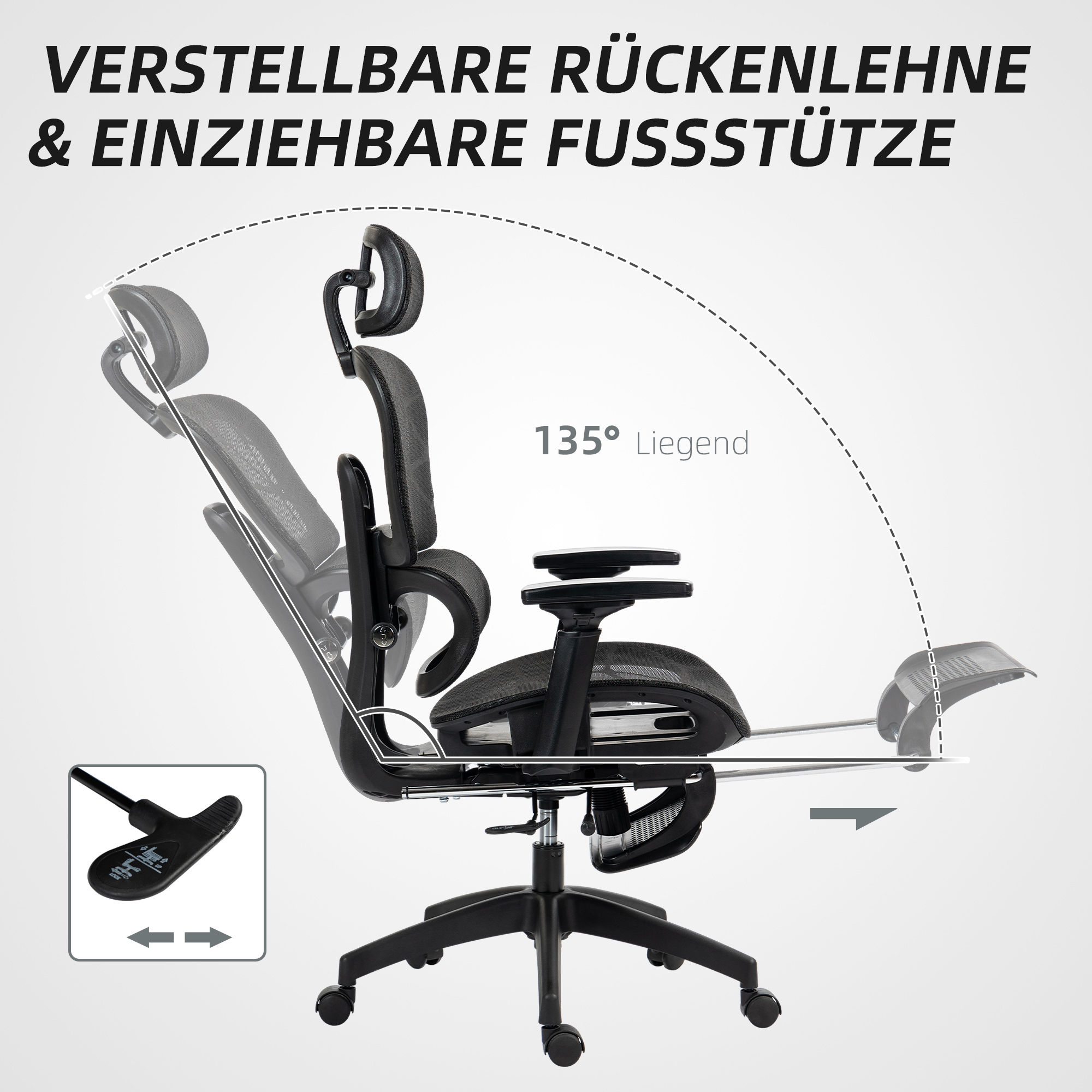 Bürostuhl, Ergonomischer Schreibtischstuhl mit Netzstoffbezug, verstellbar, rollbar, mit Armlehnen, Kopfstütze, Schwarz