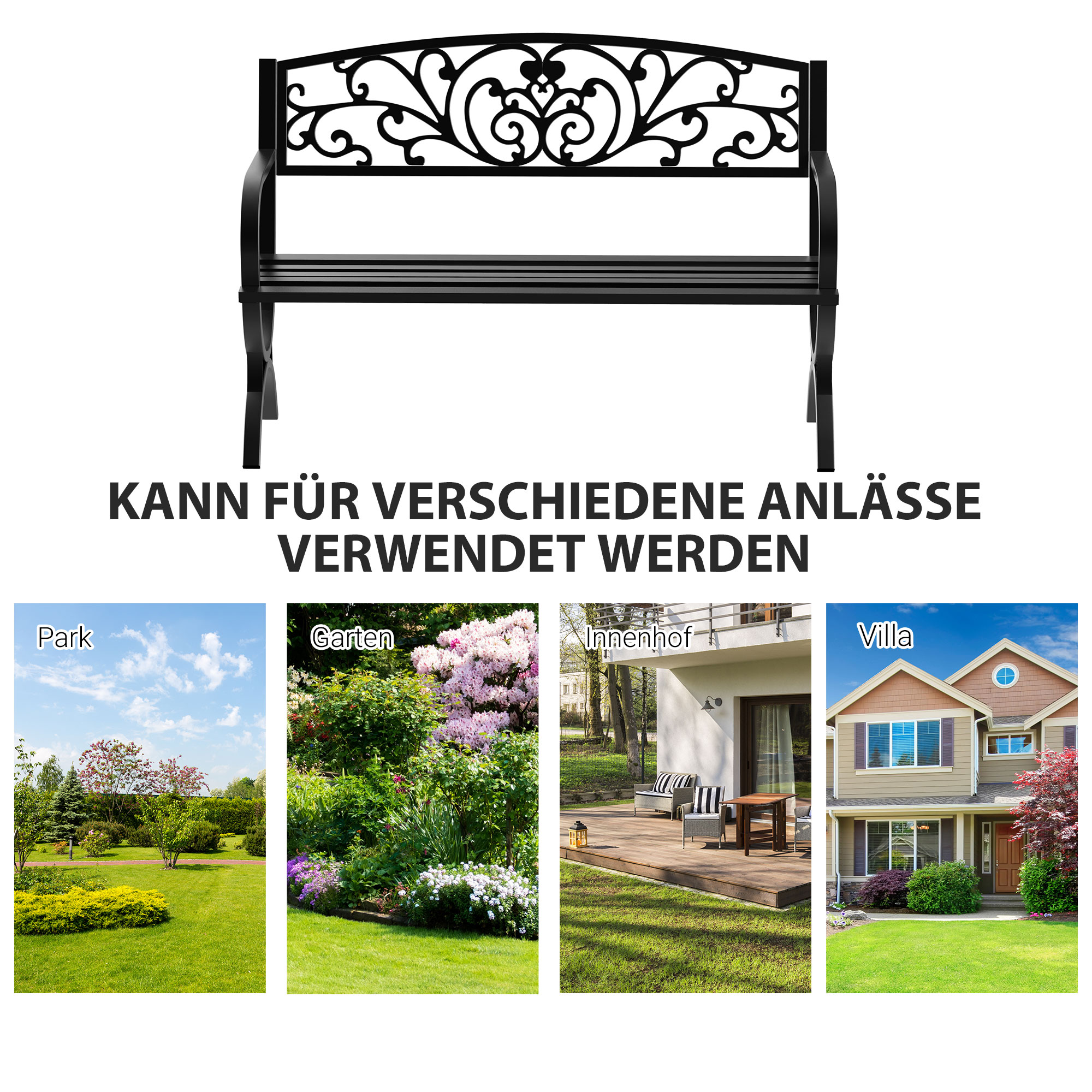 2-Sitzer Gartenbank Sitzbank 240kg belastbar Bank Gartenmöbel für den Innen- und Außenbereich geeignet 127x60x85 cm Schwarz