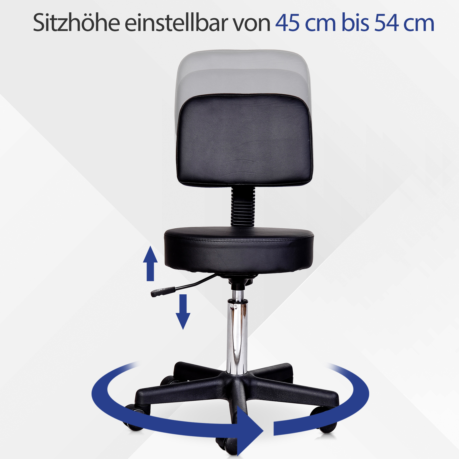Rollhocker höhenverstellbar mit Rückenlehne Drehhocker 72-84 cm Arbeitshocker 360° drehbar Bürohocker für Büro Salon Massage Spa Schwarz
