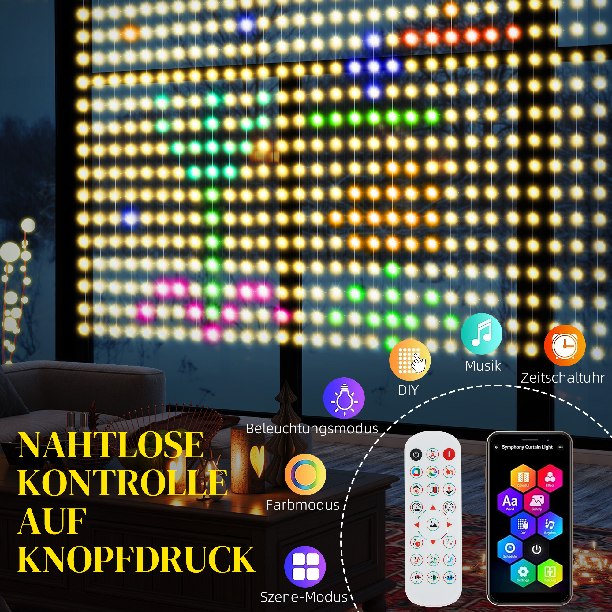 Vorhang mit 400 LED-Lichtern, Dynamische Lichterketten mit Musiksynchronisation für Schlafzimmer, Wohnzimmer, 3 x 3 m