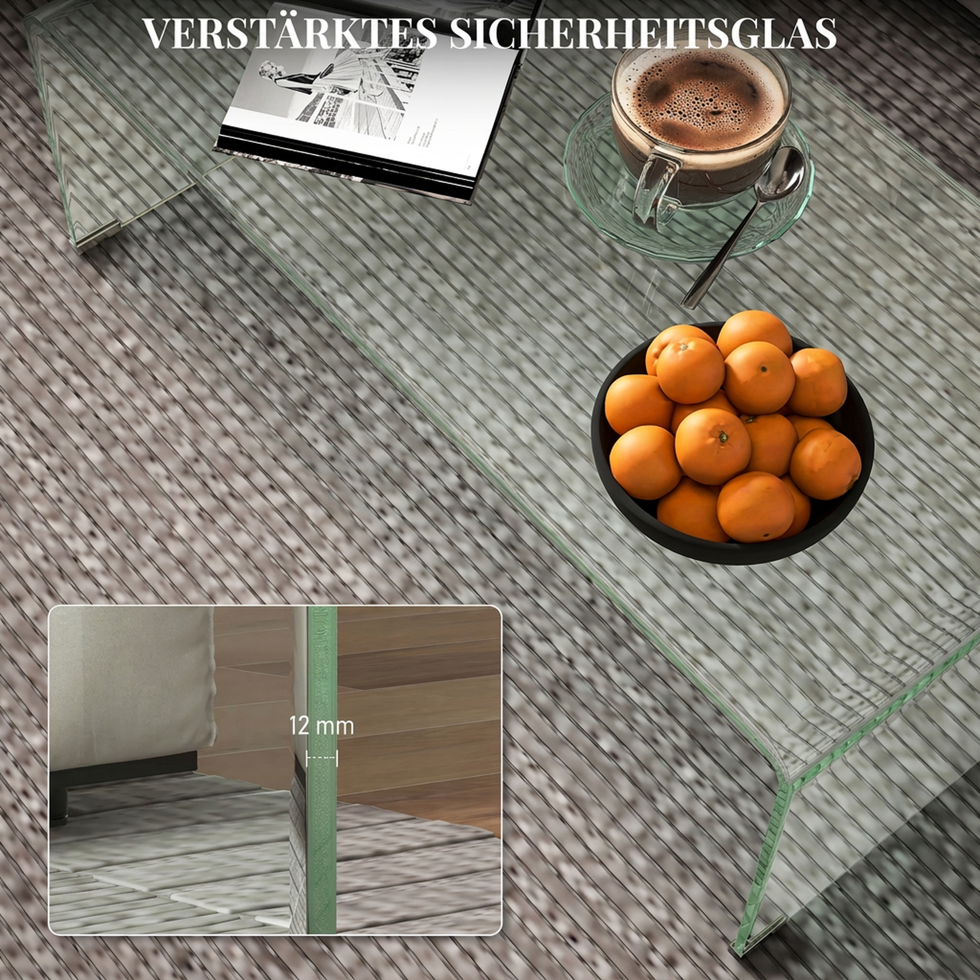 Stabiler Couchtisch aus Glas, einteiliges Design, schlicht und modern, 100 x 50 x 35 cm, Transparent