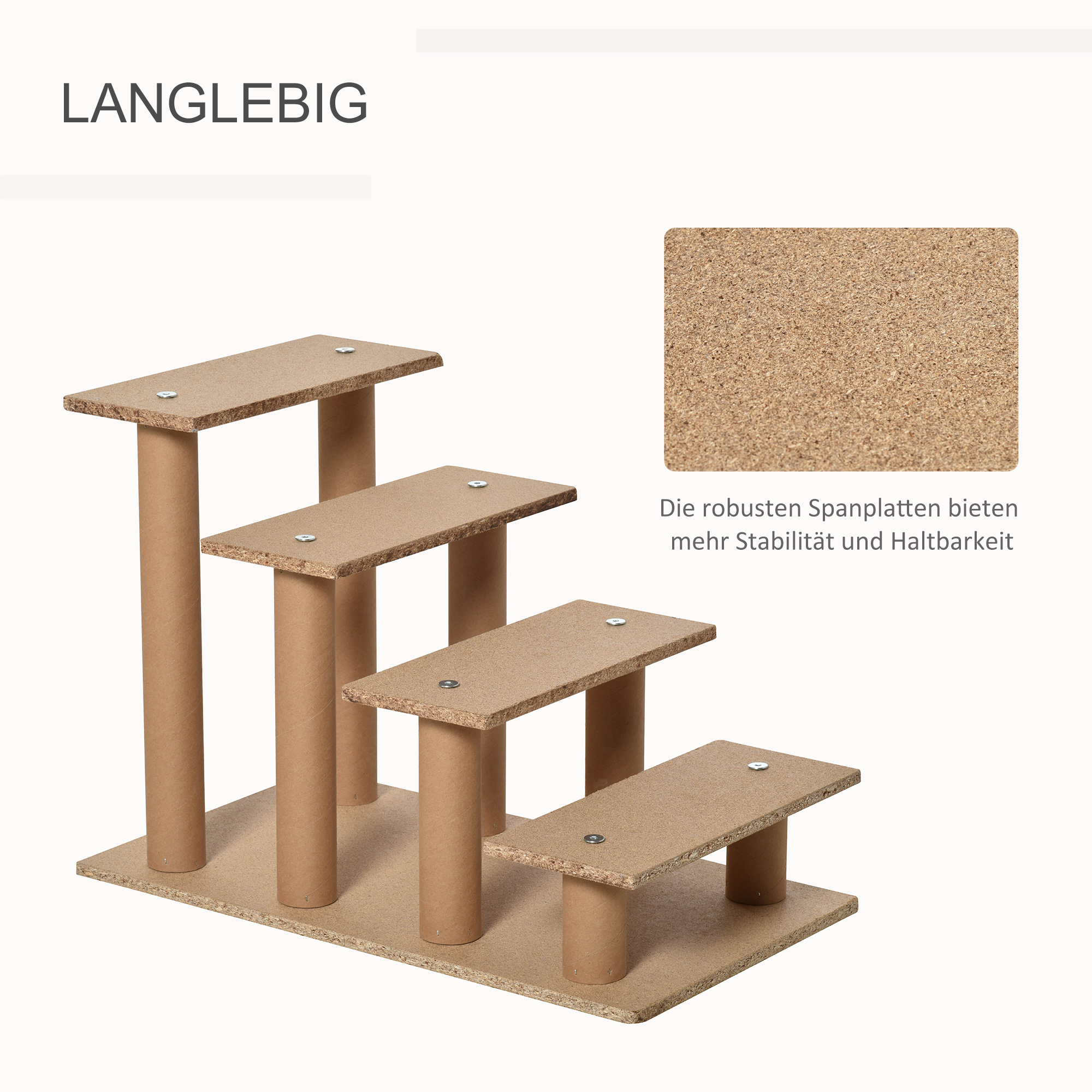 Hundetreppe 4-stufig, 35 cm Katzentreppe für Bett und Sofa, Haustiertreppe für Hunde und Katzen bis 5 kg, Plüschoptik, Hellgrau