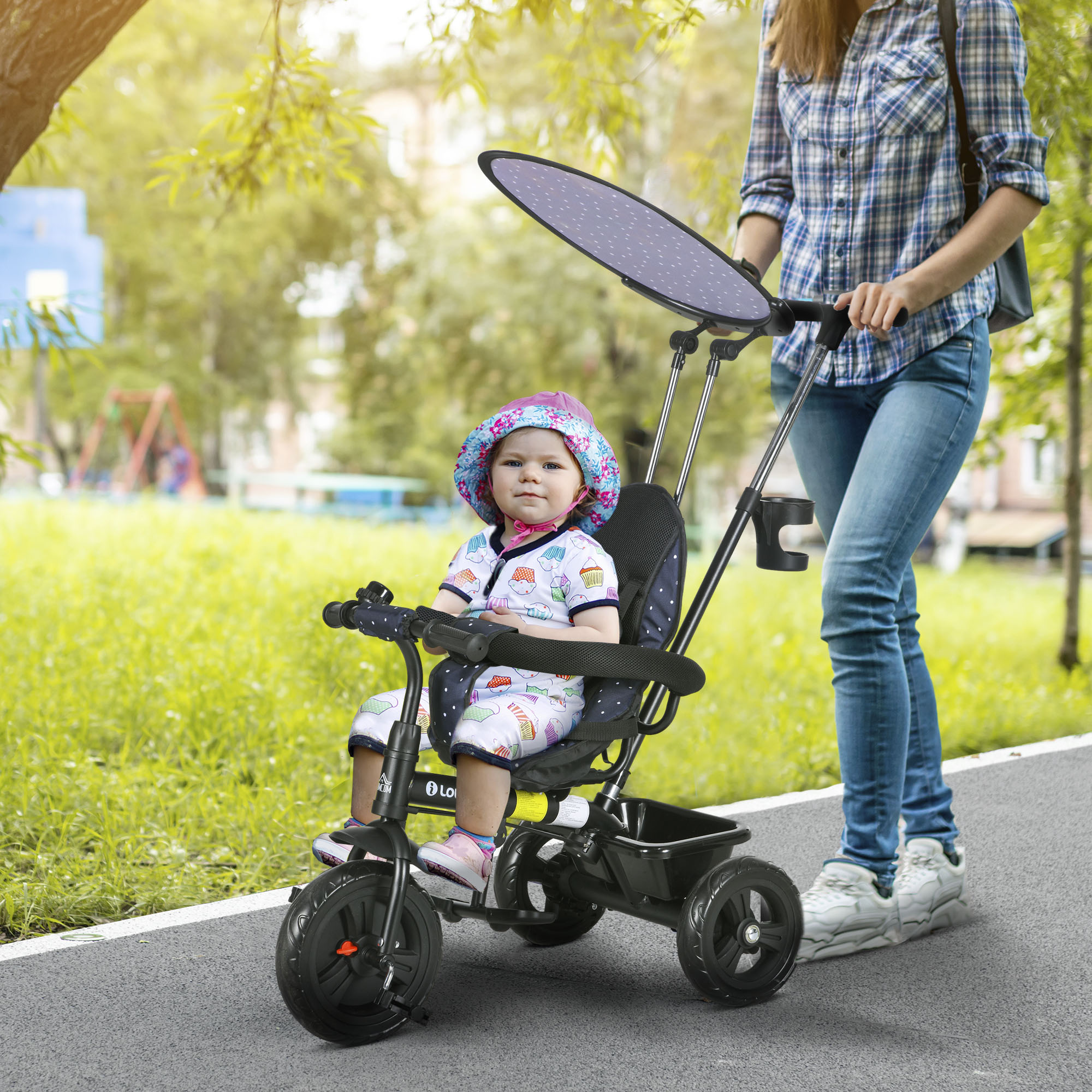 6-in-1 Kinderdreirad mit Schiebestange, Dach, Gurt, Ablagekorb, für 1-5 Jahre, Dunkelblau