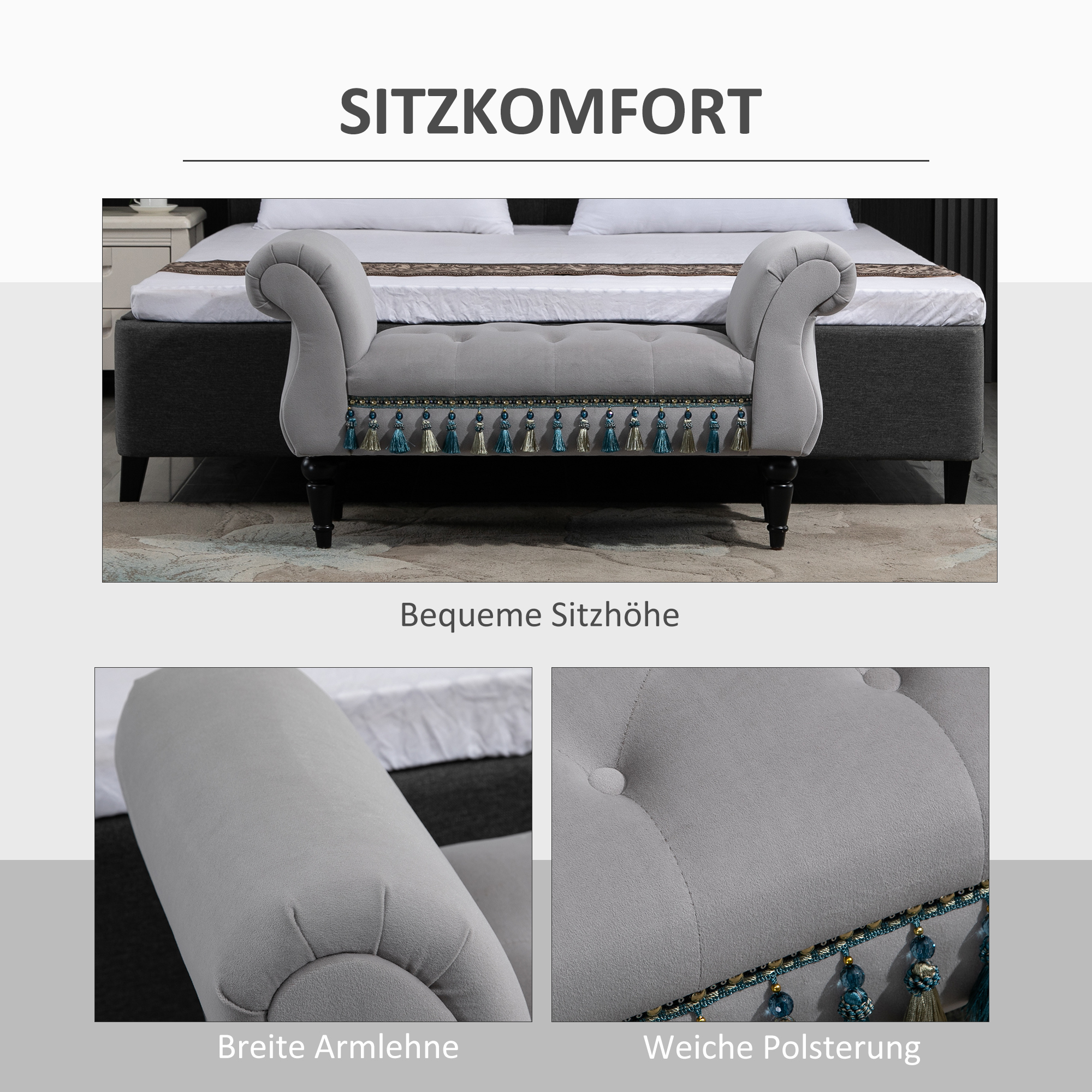 Sitzbank Polsterbank mit Samt-Bezug, Armlehne Bettbank mit Holzrahmen, Schuhbank für Schlafzimmer, Wohnzimmer, Flur 117 x 40 x 58 cm Hellgrau