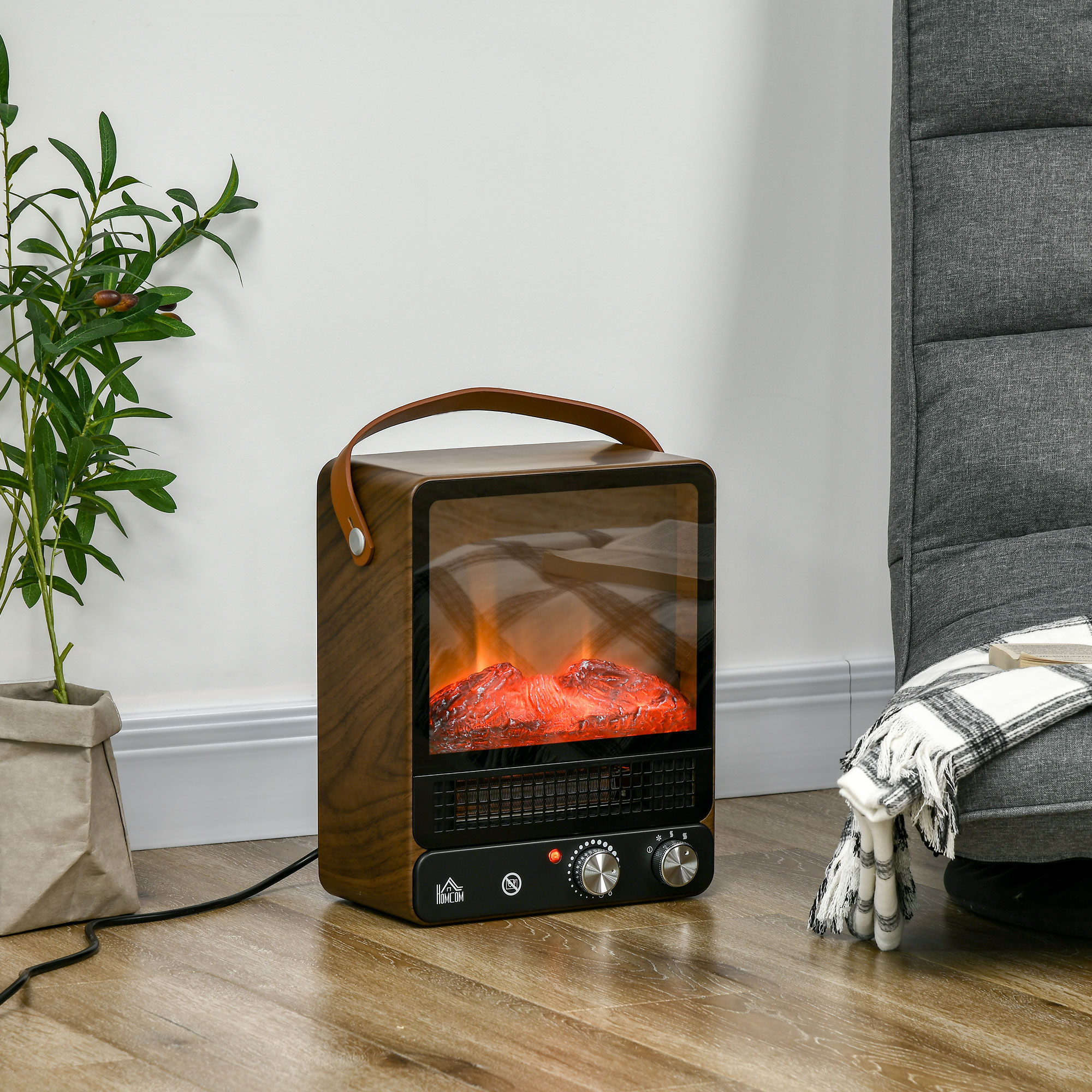 Elektrokamin, realistisches Feuer, 2 Heizmodi bis 50° C, Überhitzungsschutz, Walnussoptik, 30,3 x 17,5 x 37,4cm