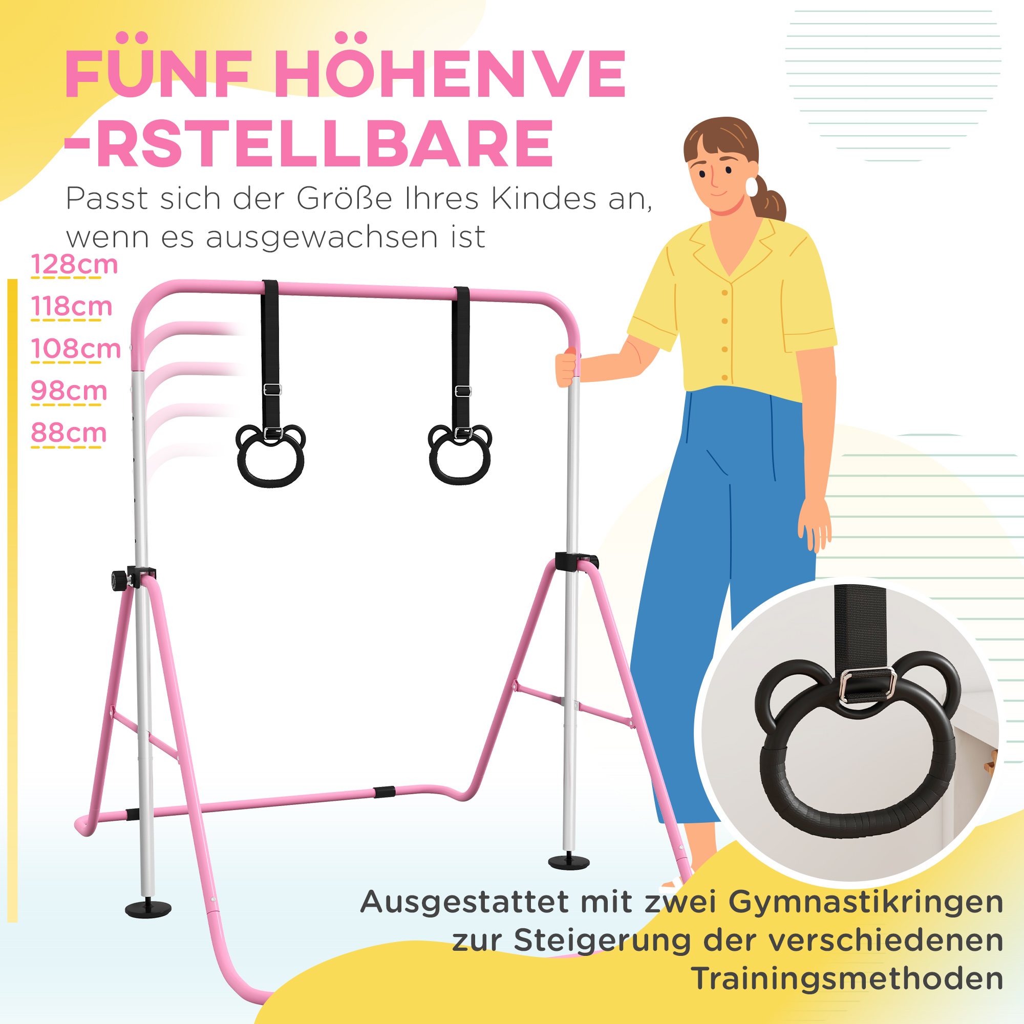Kinder-Turnbarren mit Ringen, höhenverstellbar, klappbar, rutschfest, Stahlrahmen, 148x105x88-128 cm, Pink