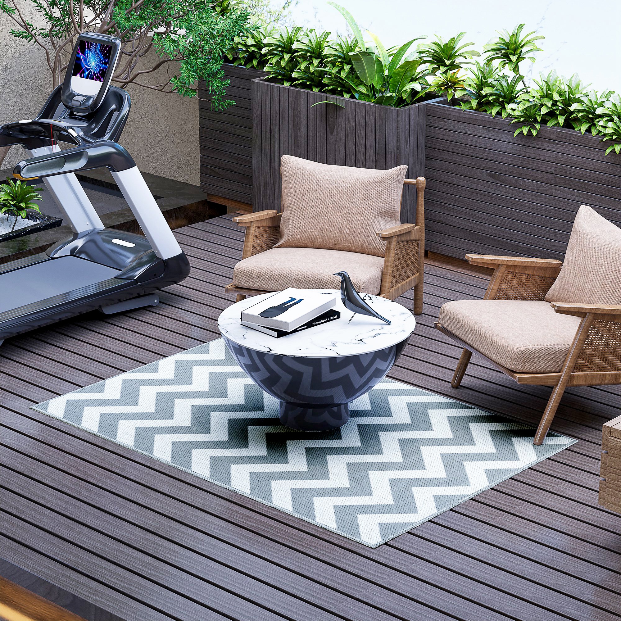 Outdoor-Teppich, wasserdicht, doppelseitiges Design, hochwertige Kunststofffaser, hellgrau+weiß, 121 x 182 cm