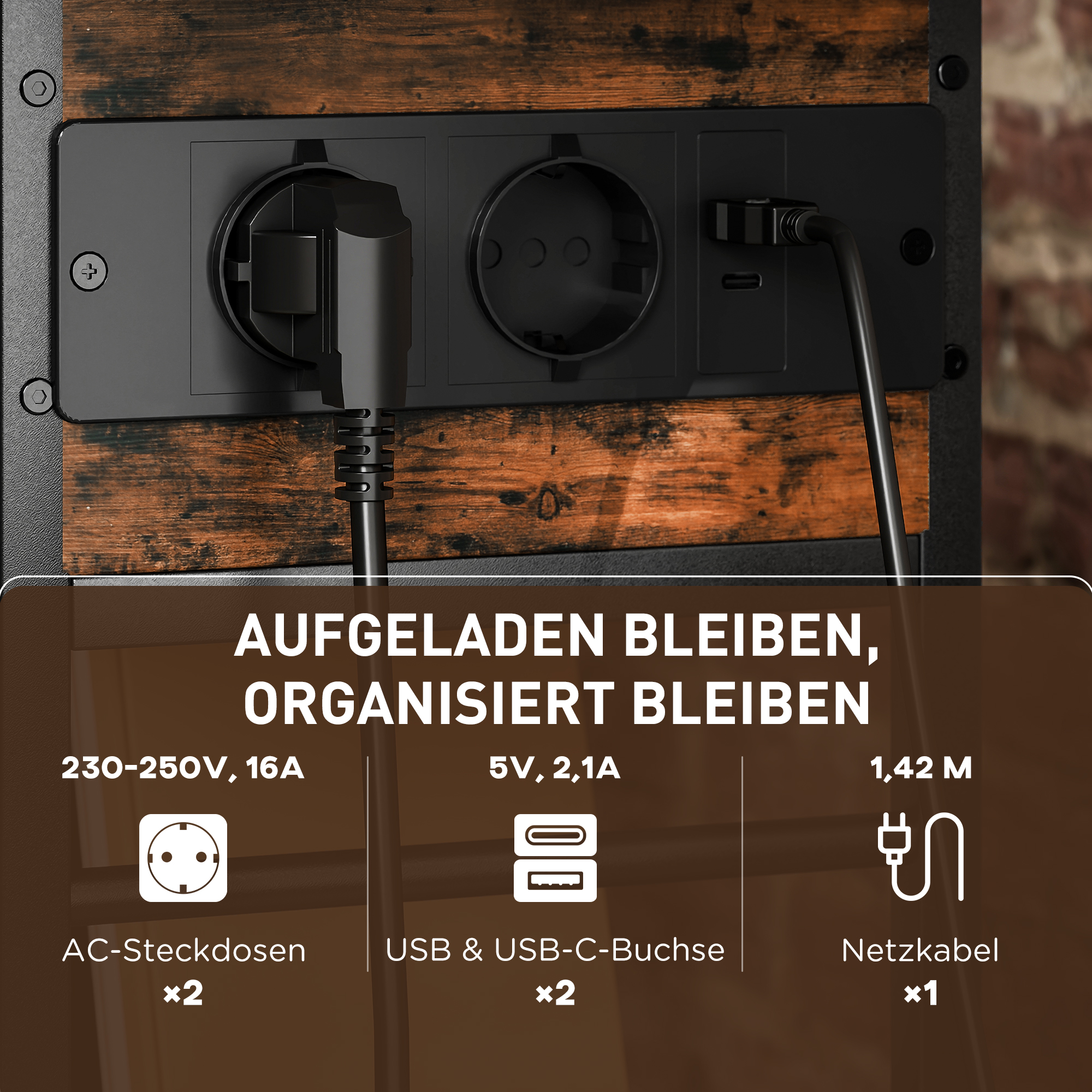 Beistelltisch Nachttisch mit Steckdosenleiste, 2 Ebenen, USB-Anschlüssen Stauraum 60 x 29,8 x 58,5 cm Rustikal Braun
