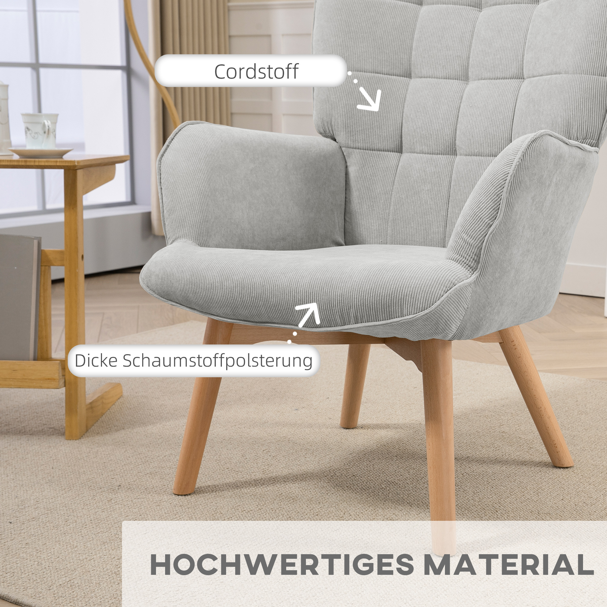 Akzentsessel mit Hocker, Relaxsessel in Cord-Optik, Armlehnstuhl mit Holzbeinen, für Wohnzimmer, Grau