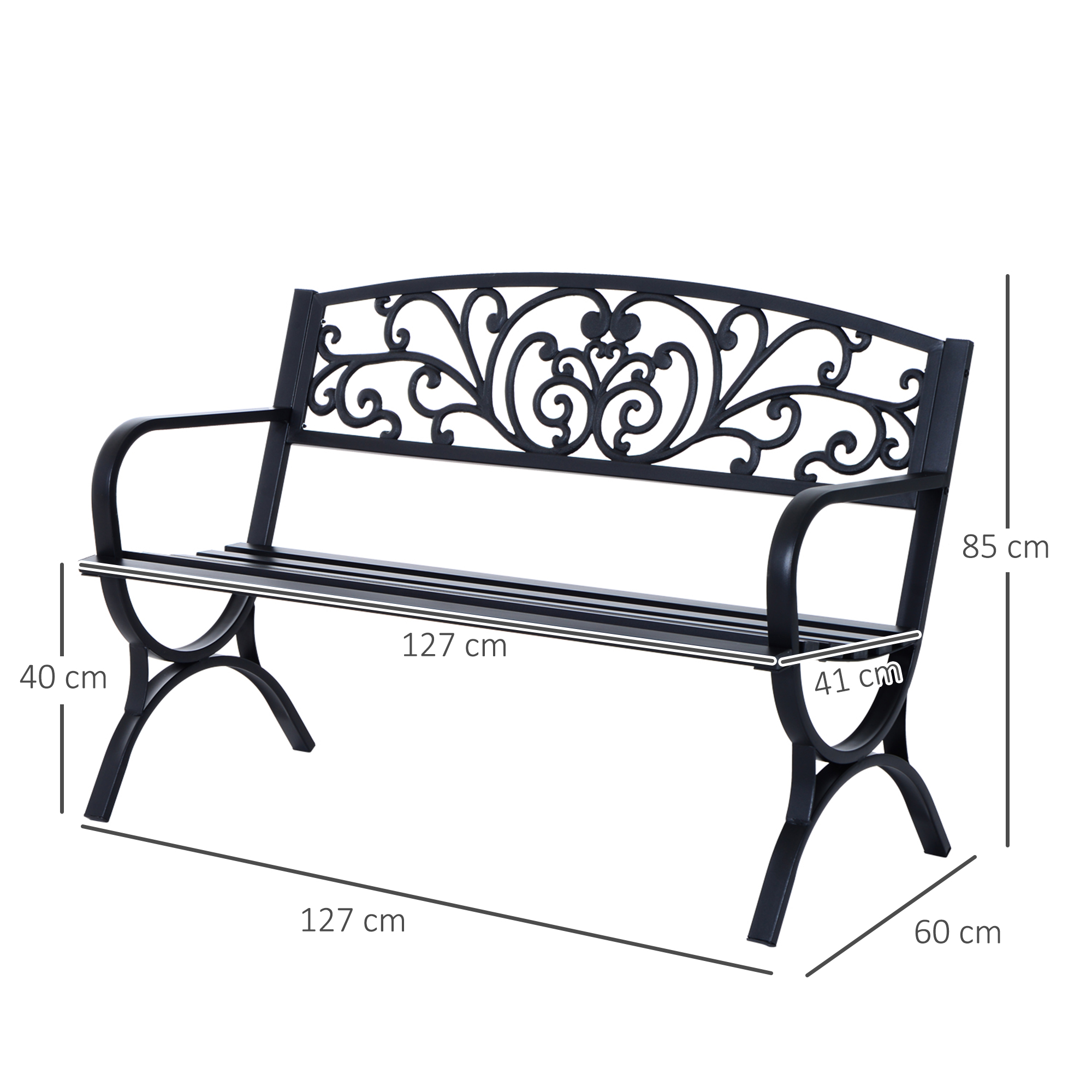 2-Sitzer Gartenbank Sitzbank 240kg belastbar Bank Gartenmöbel für den Innen- und Außenbereich geeignet 127x60x85 cm Schwarz