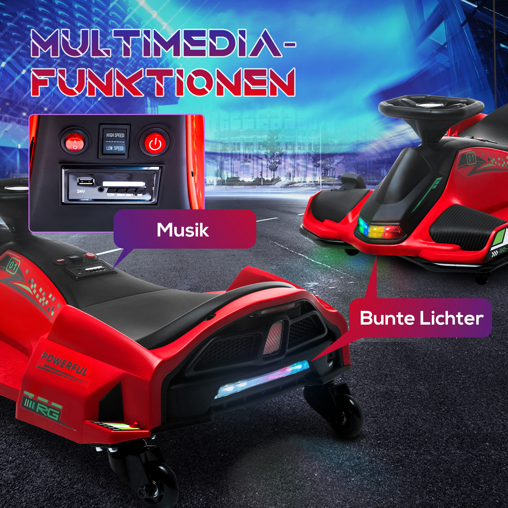 Elektrisches Go-Kart für Kinder, Gummiräder, 3-8 km/h, mit Lichtern und Musikfunktion, Rot