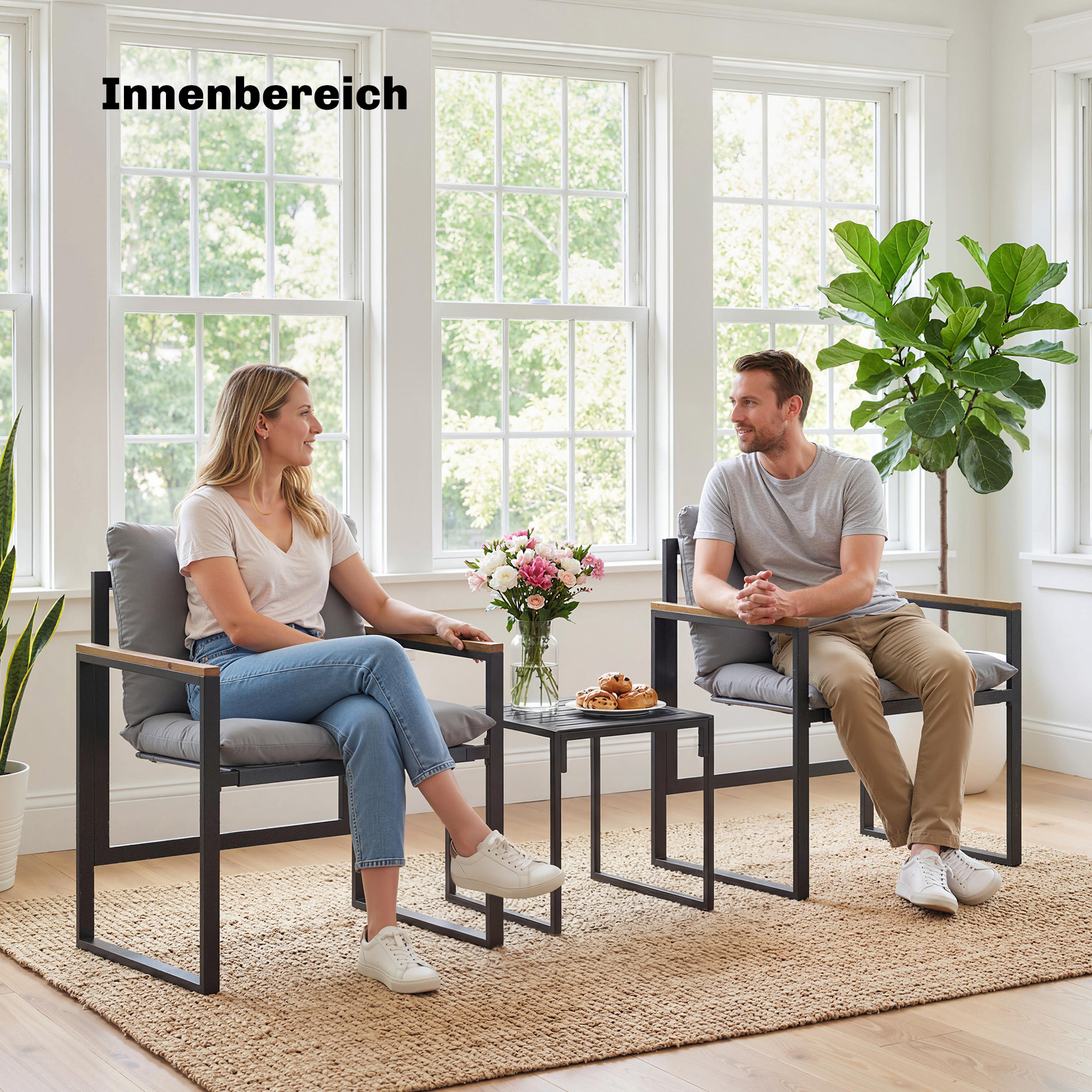 Bistro-Set für 2 Personen, 3-teiliges Garten-Bistro-Set mit Metallrahmen und dicken Polstern