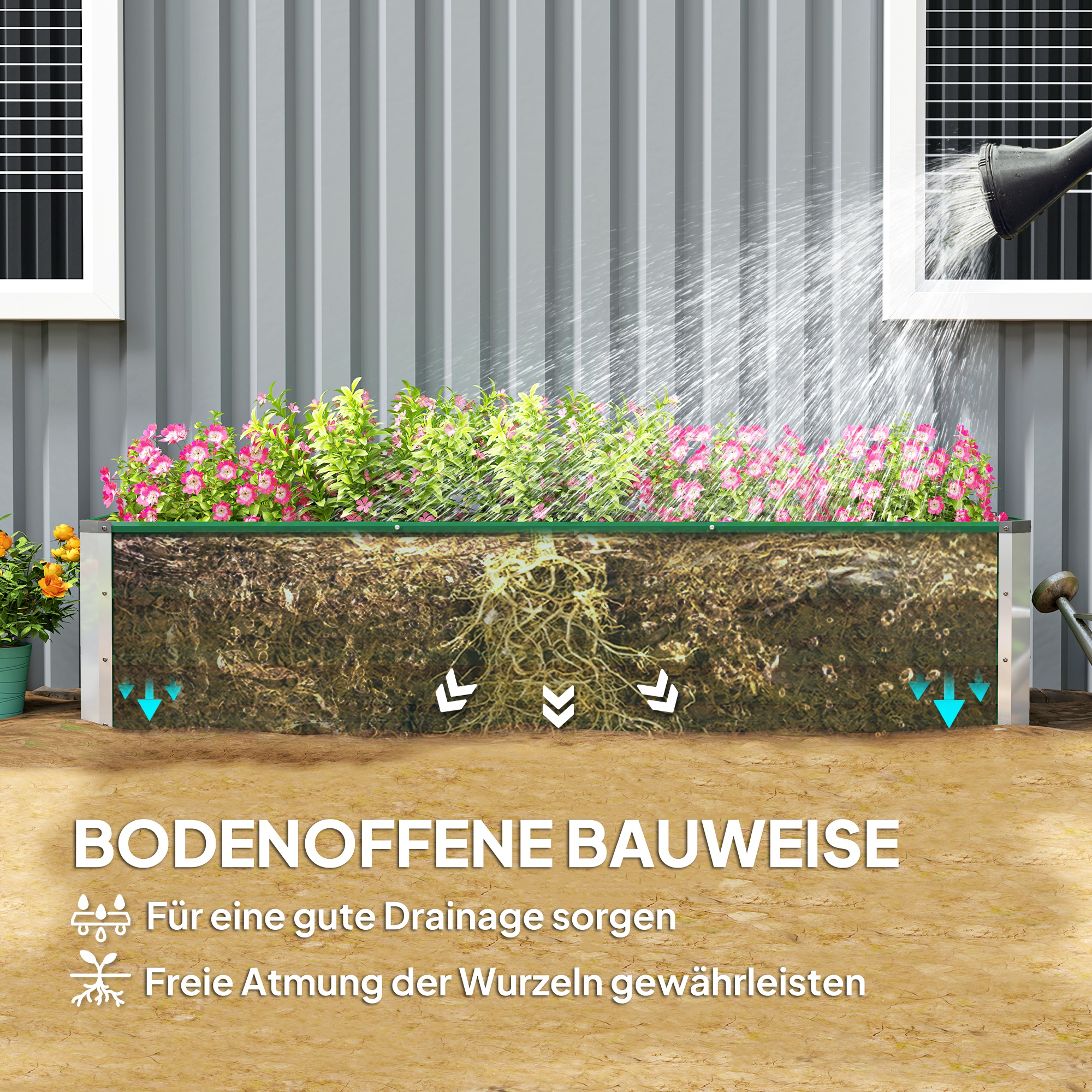 Stahl-Hochbeet, 3 separate Pflanzbereiche, offener Boden, einfacher Aufbau, 183 x 47 x 40cm, Grün