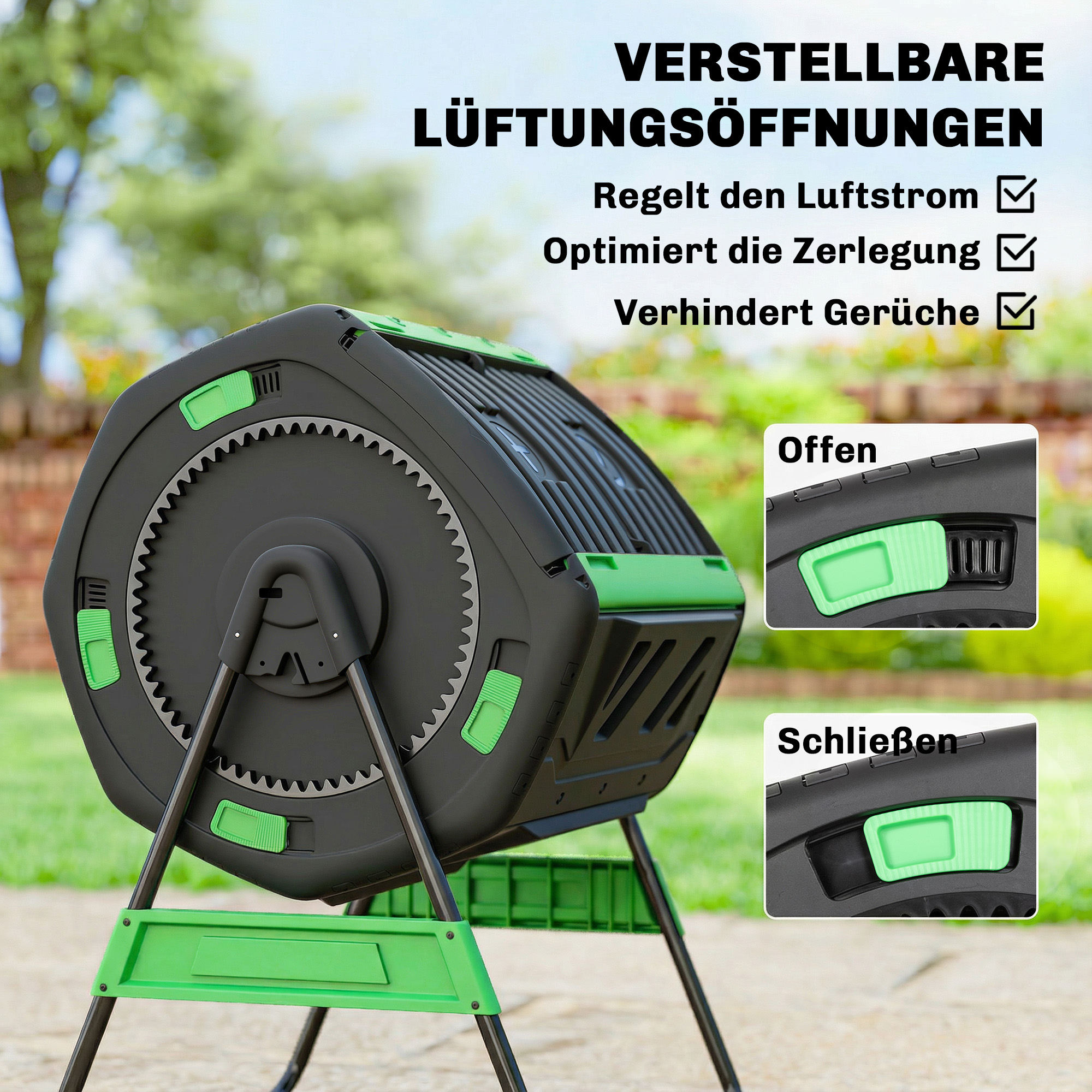 Kompostbehälter, 200L Dualkammer-Komposter mit verstellbaren Lüftungsschlitzen, BPA-frei, Grün