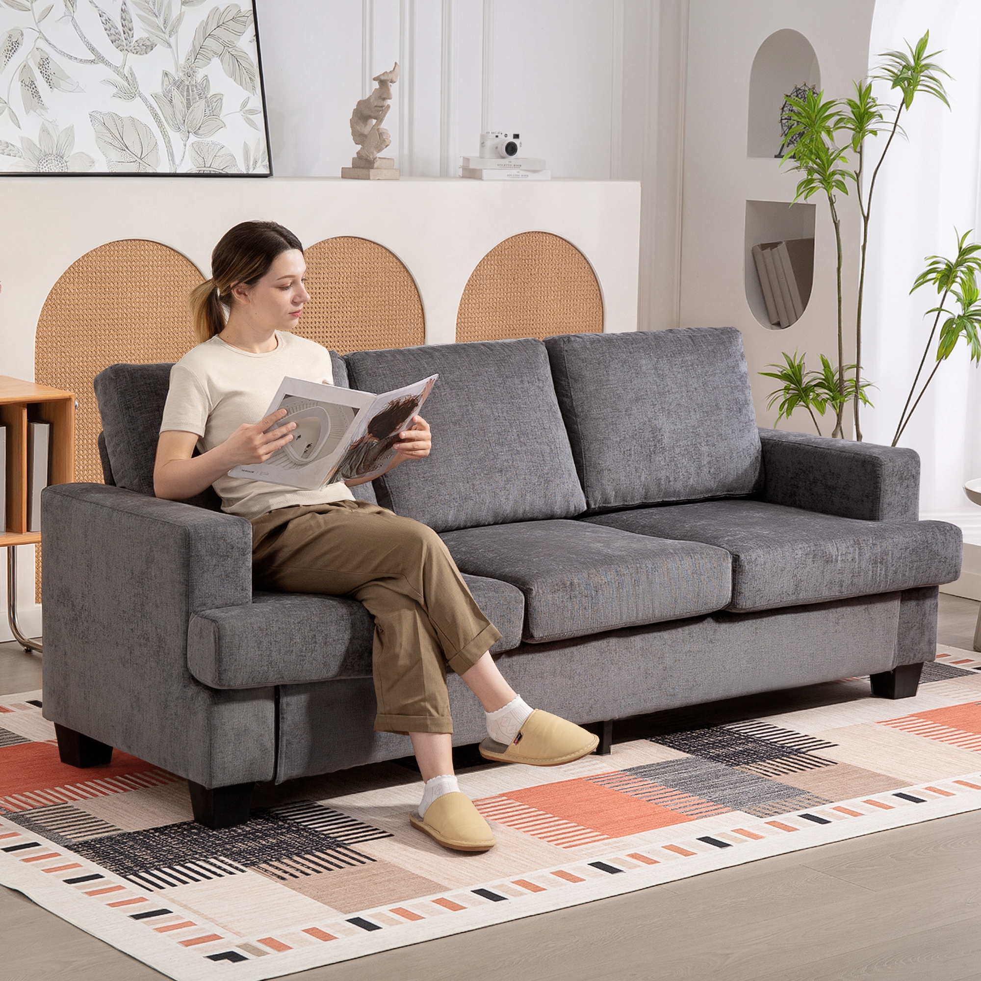 3-Sitzer-Sofa, Wohnzimmersofa für 3 Personen, Stoffbezug, Stahlrahmen, Polstersofa, Grau