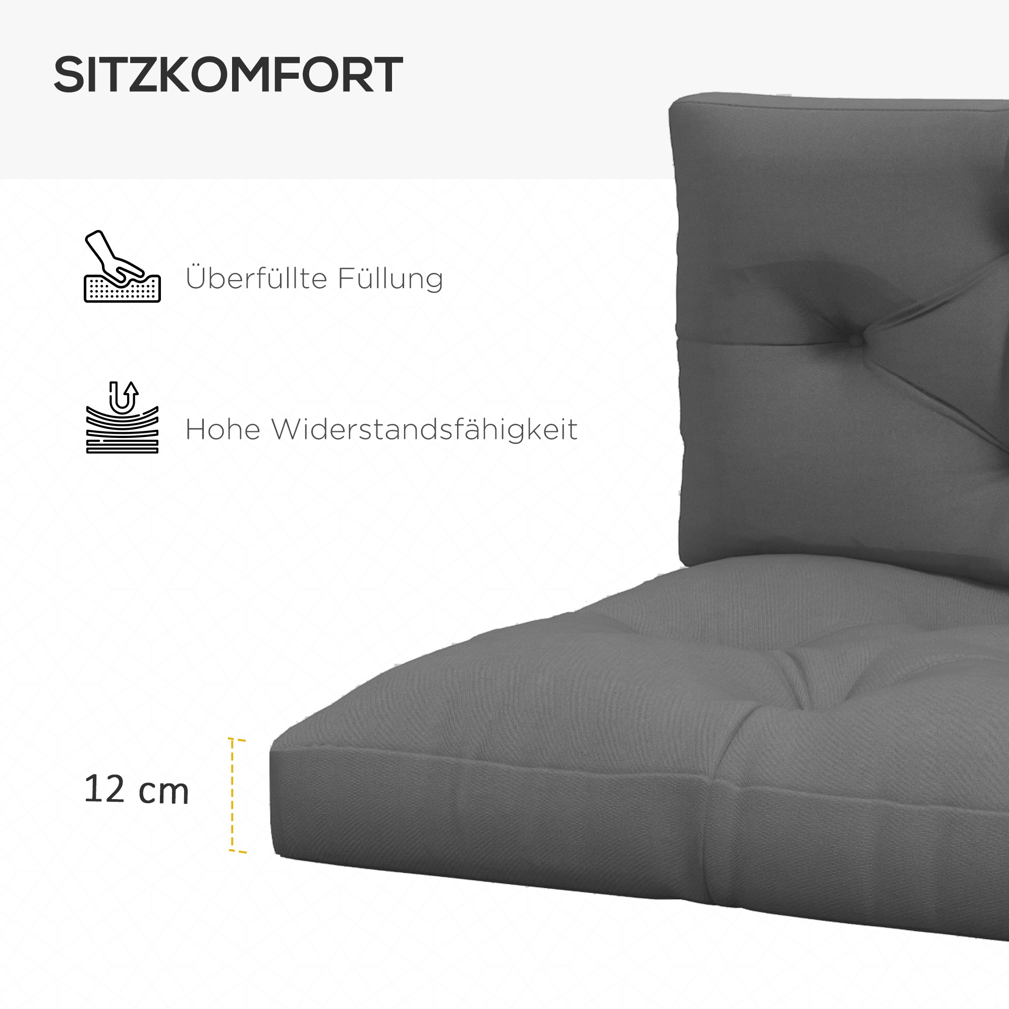 Sitzpolster Sitzkissen Polsterauflage, mit Knopfheftung, 120 x 80 x 12 cm, Grau