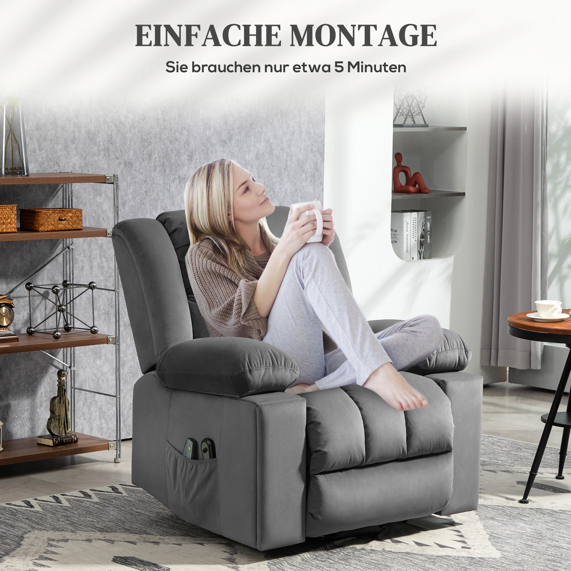 Elektrischer Aufsteh-Sessel, Weicher, samtartiger Stoff, USB-Anschlüsse