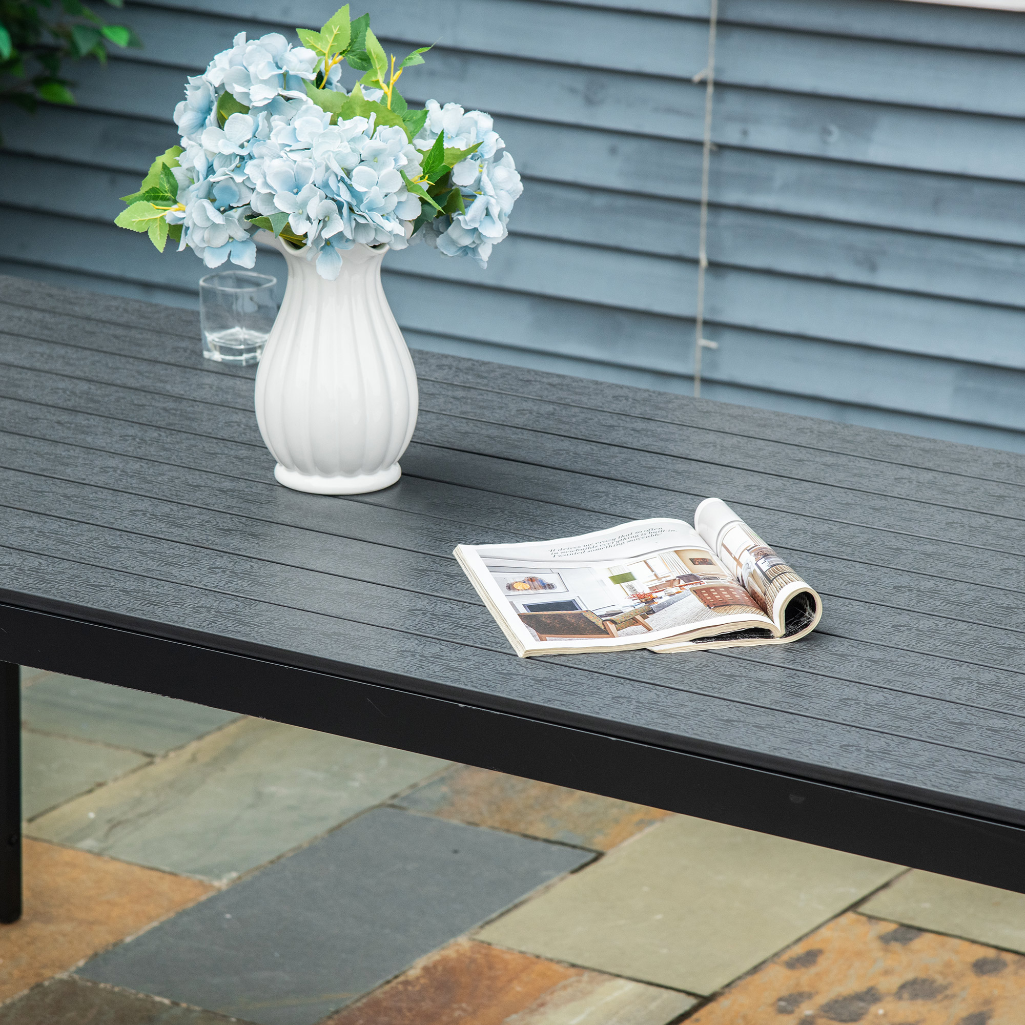 Gartentisch Kunststoff 190 x 84,5 x 72 cm Wetterfest, Holz Optik, Holzstrukur, rutschfest Buffettisch Campingtisch Balkontisch Terrassentisch Outdoor Esstisch für Garten, Balkon Schwarz