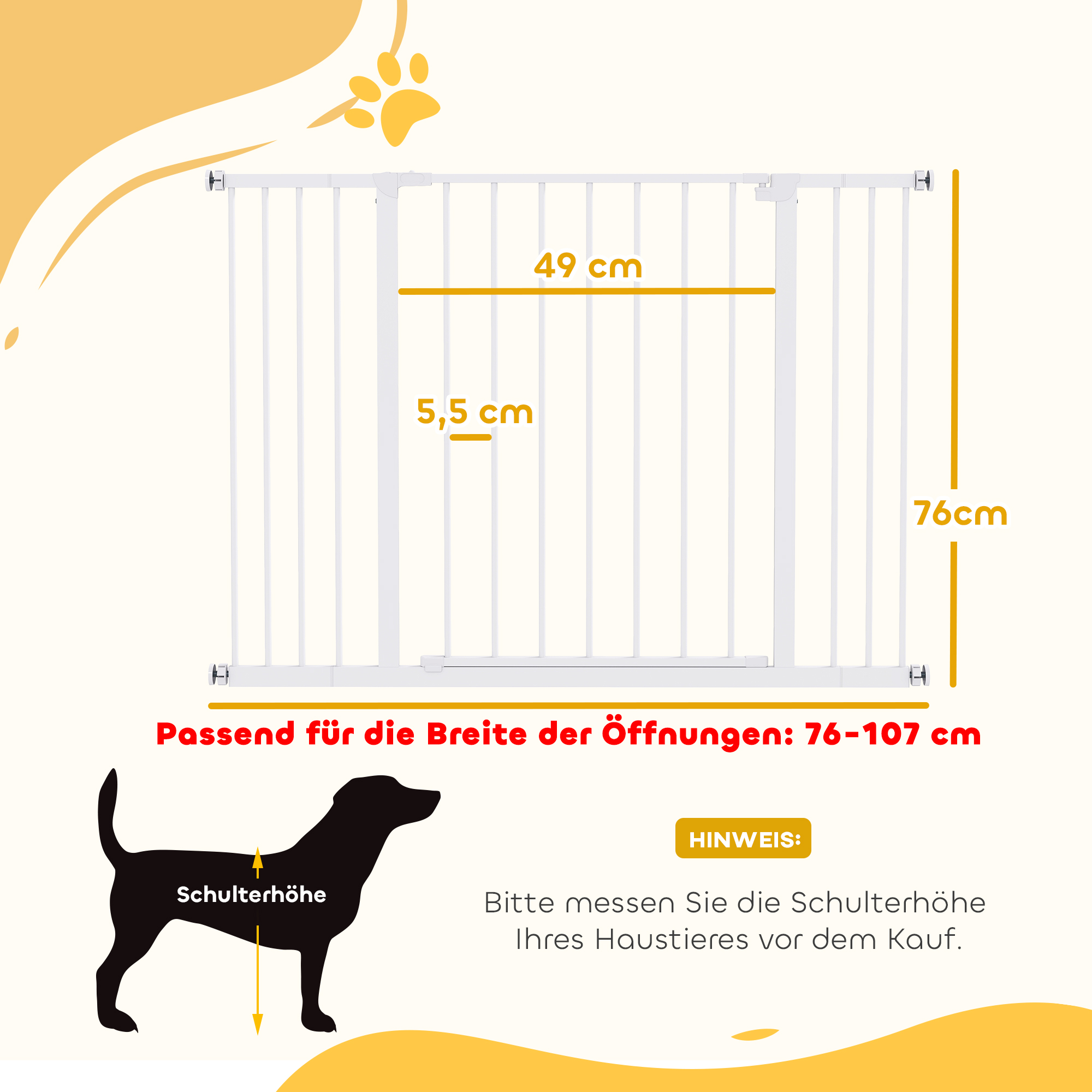 Türschutzgitter, Treppenschutzgitter ohne bohren, Hunde Absperrgitter, Schutzgitter für Haustier, Hundegitter, Klemmbefestigung, Metall, Weiß, 76-107 x 76 cm
