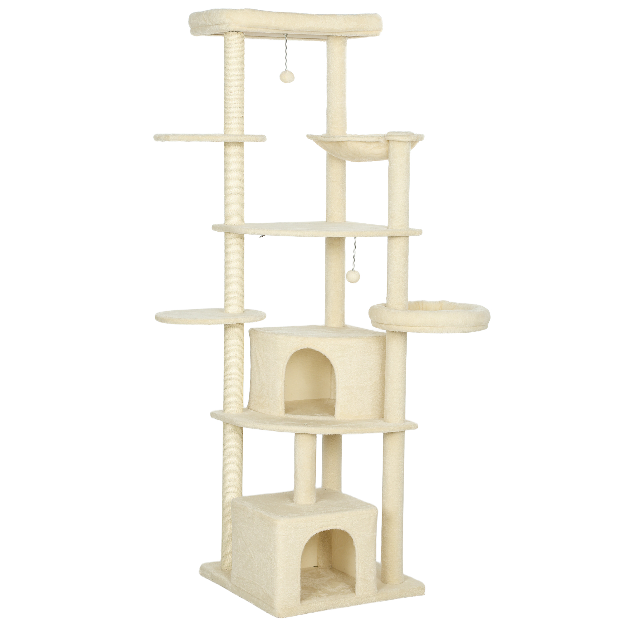 2 Meter hoher Kratzbaum Große für 2-3 Katzen, Kratzpfosten, Höhlen, Hängematte, Verstecke, mehrstöckiges Design, Sisal, Holz, Plüsch, Beige