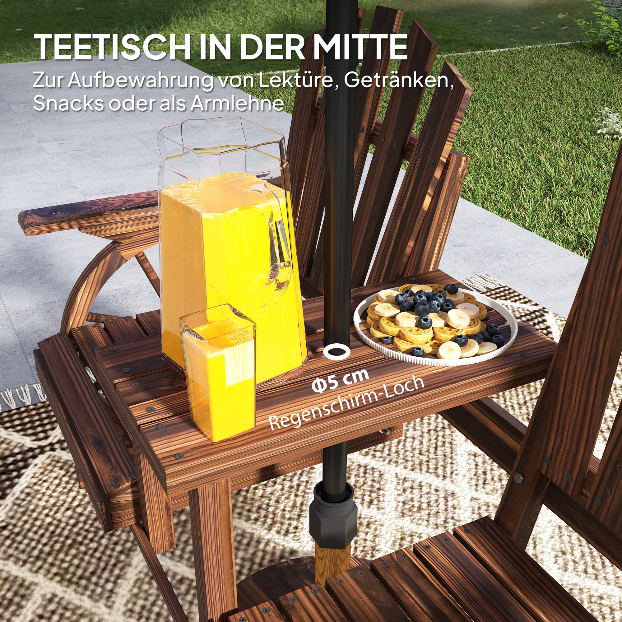 2-Sitzer Gartenbank Holz, wetterfest Sitzbank, mit Schirmloch, Beine im Wagenradform 154 x 65 x 102 cm Verkohlt