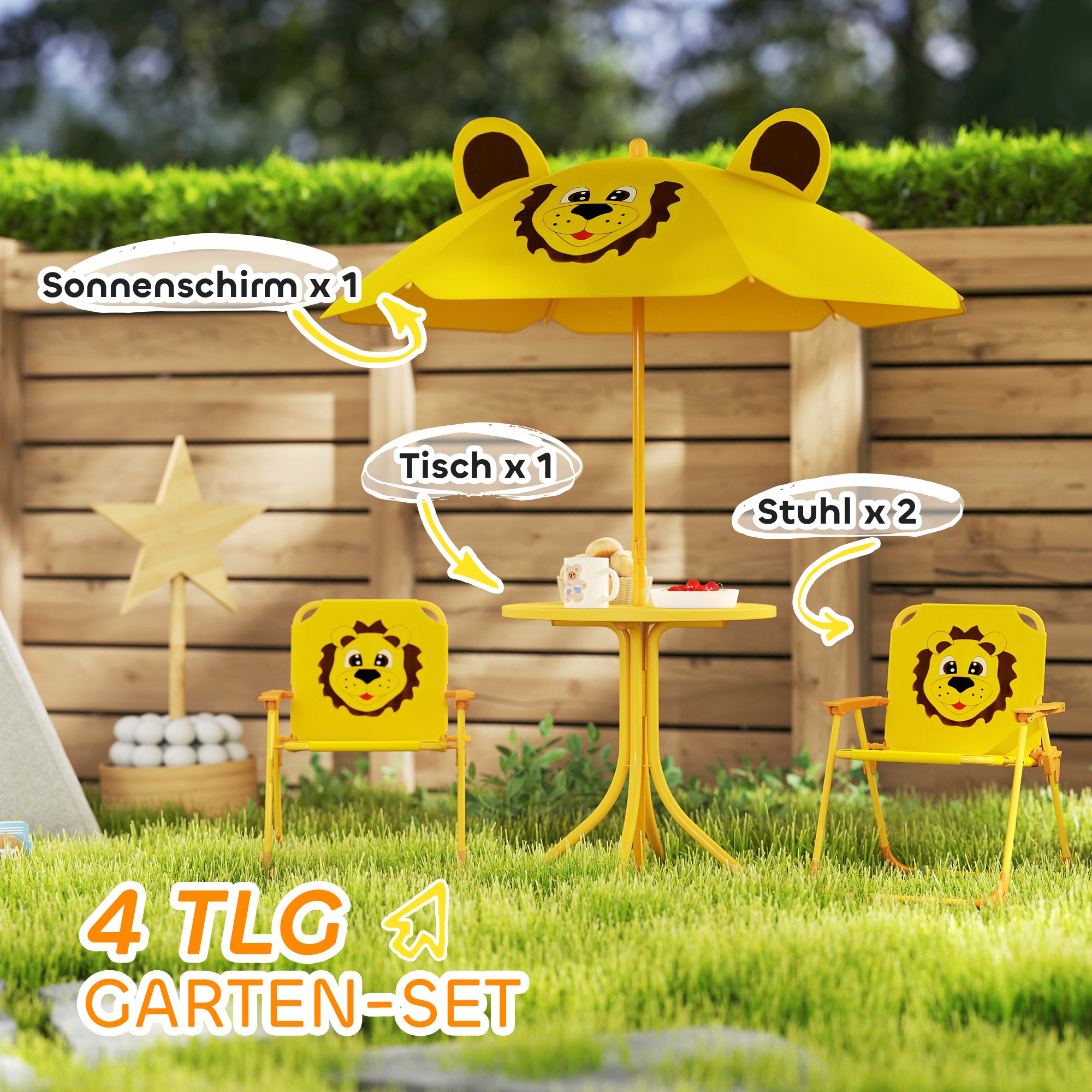 Gartenmöbel-Set für Kinder, Stühle, Tisch, Sonnenschirm, Löwen-Design, Gelb