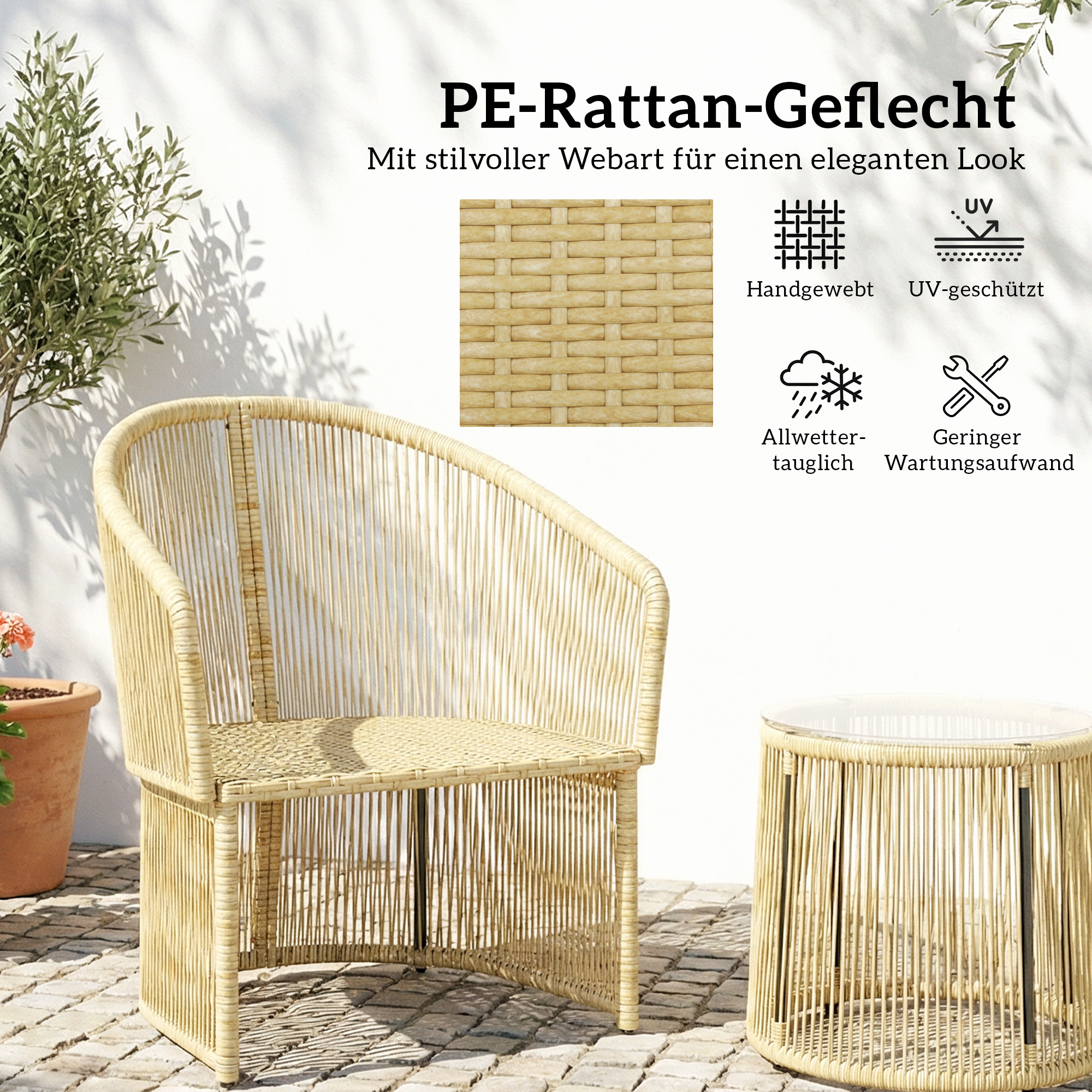 Rattan-Bistro-Set, 3-teiliges Gartenmöbel-Set mit rundem Glastisch, Sesseln und Kissen, Cremeweiß
