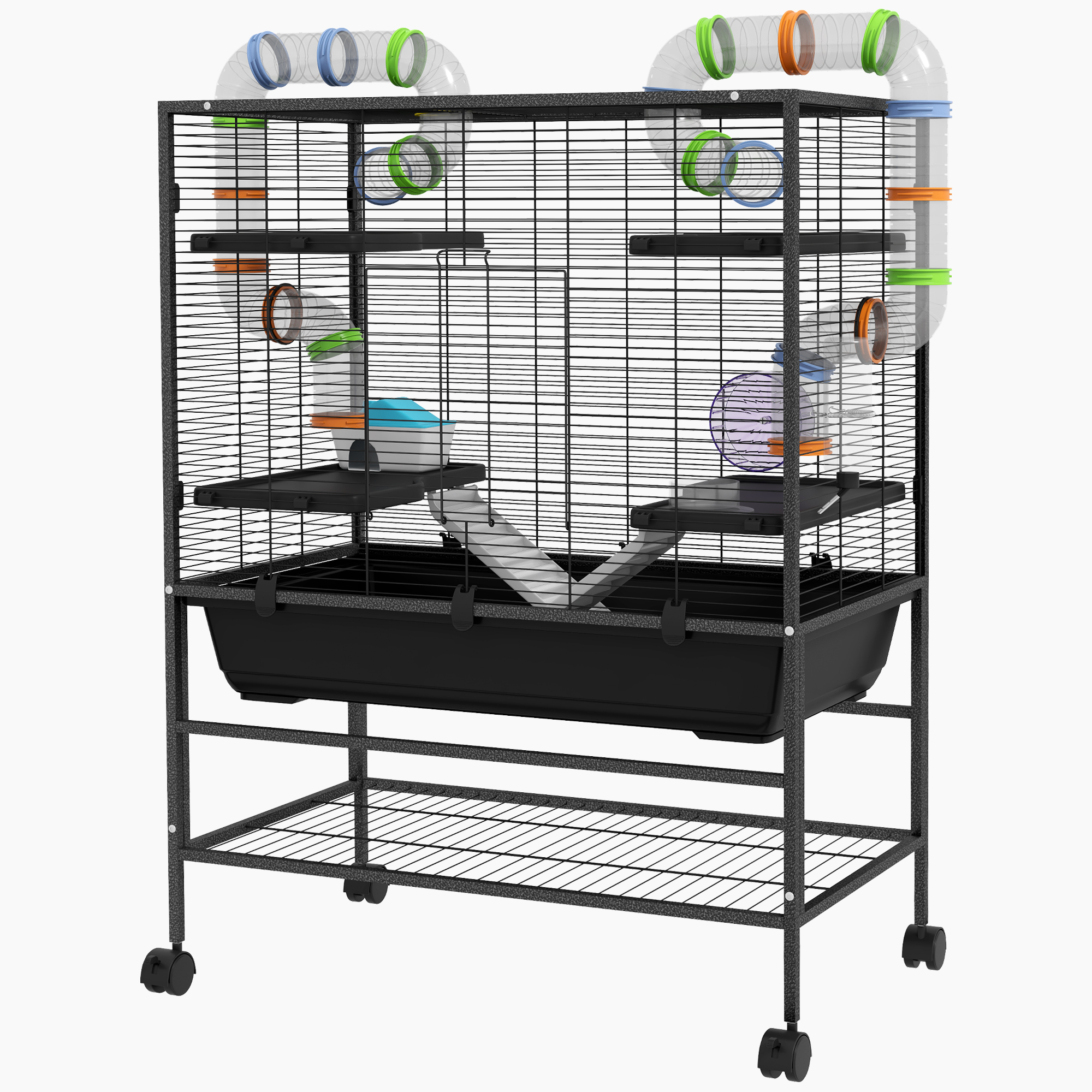 Hamsterkäfig mit Röhren, Laufrad, Häuschen, Wasserspender, 109 x 82 x 46 cm, Schwarz