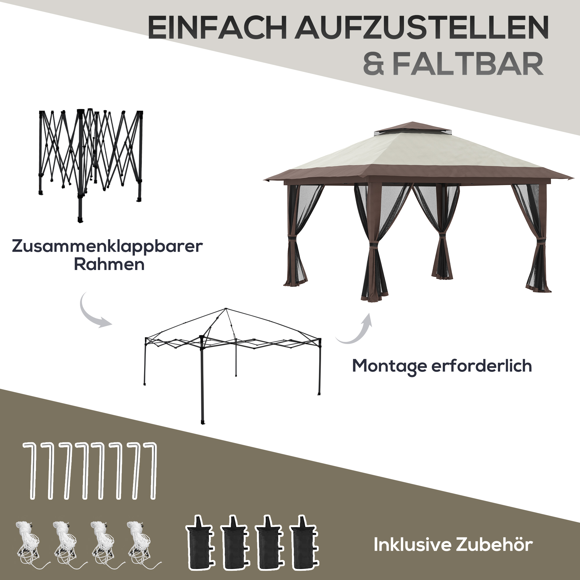 Faltpavillon, höhenverstellbar, 4 Netzwände, Lüftungsdach, Tragetasche, Schnellaufbau, 4 x 4 x 3 m, Beige