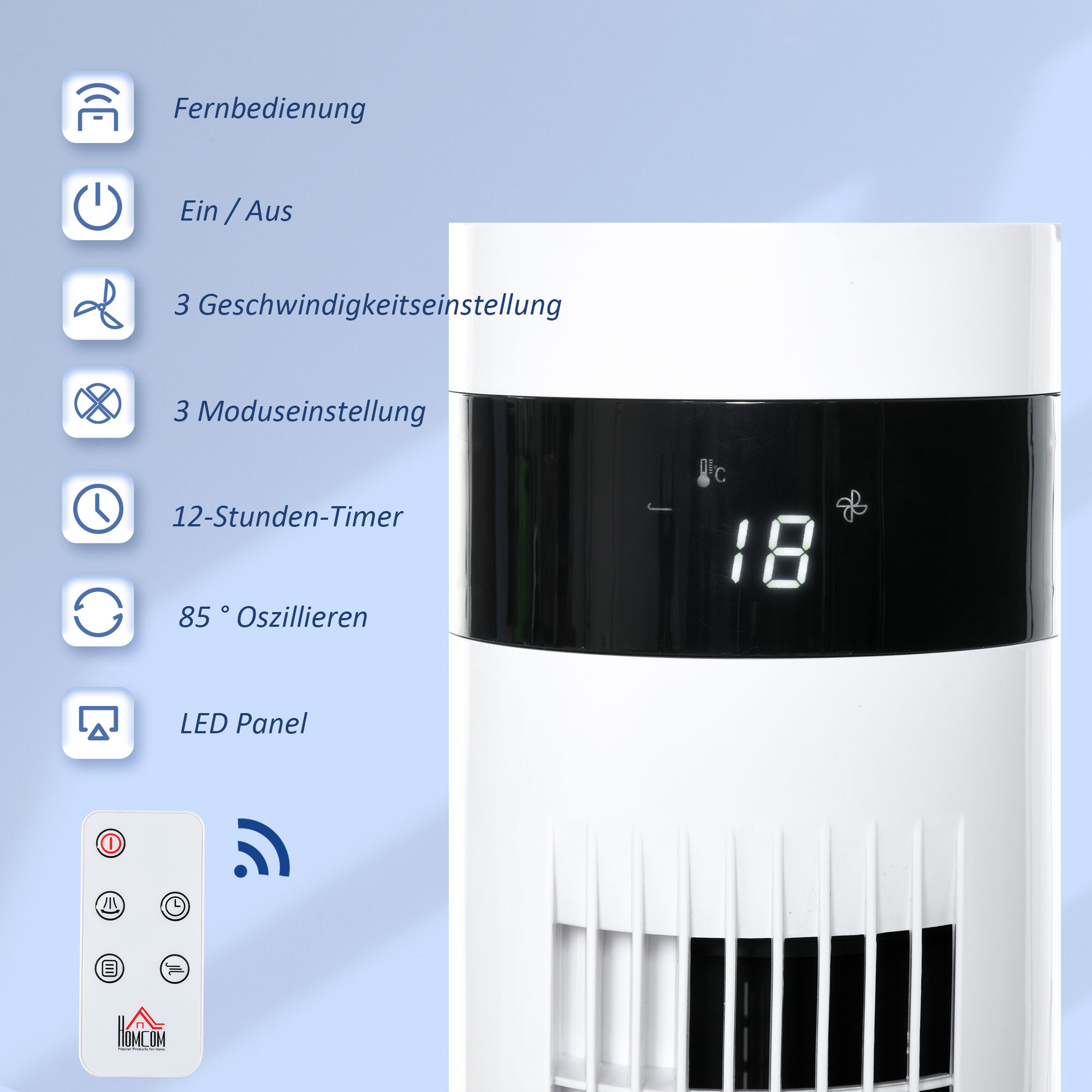 Turmventilator, Standventilator mit 3 Belüftungsstufen, Fernbedienung, 50W Ventilator mit 12H Timer, LCD-Anzeige, 85° Oszillation, für Schlafzimmer, Weiß