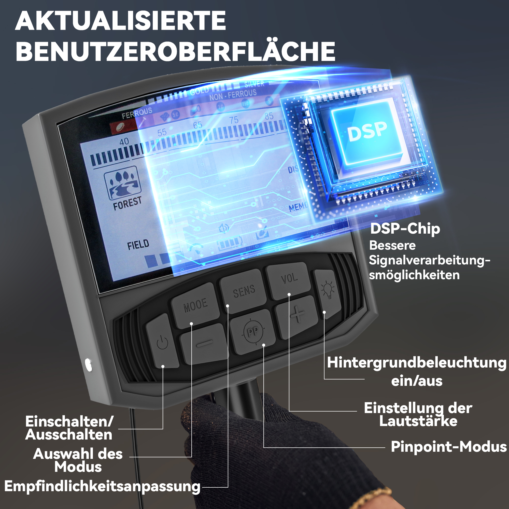Metalldetektor für Erwachsene 5 Modi Tragbar Ortungsgerät mit Alarm Spule LCD-Display IP68 Wasserdicht Dunkelgrau