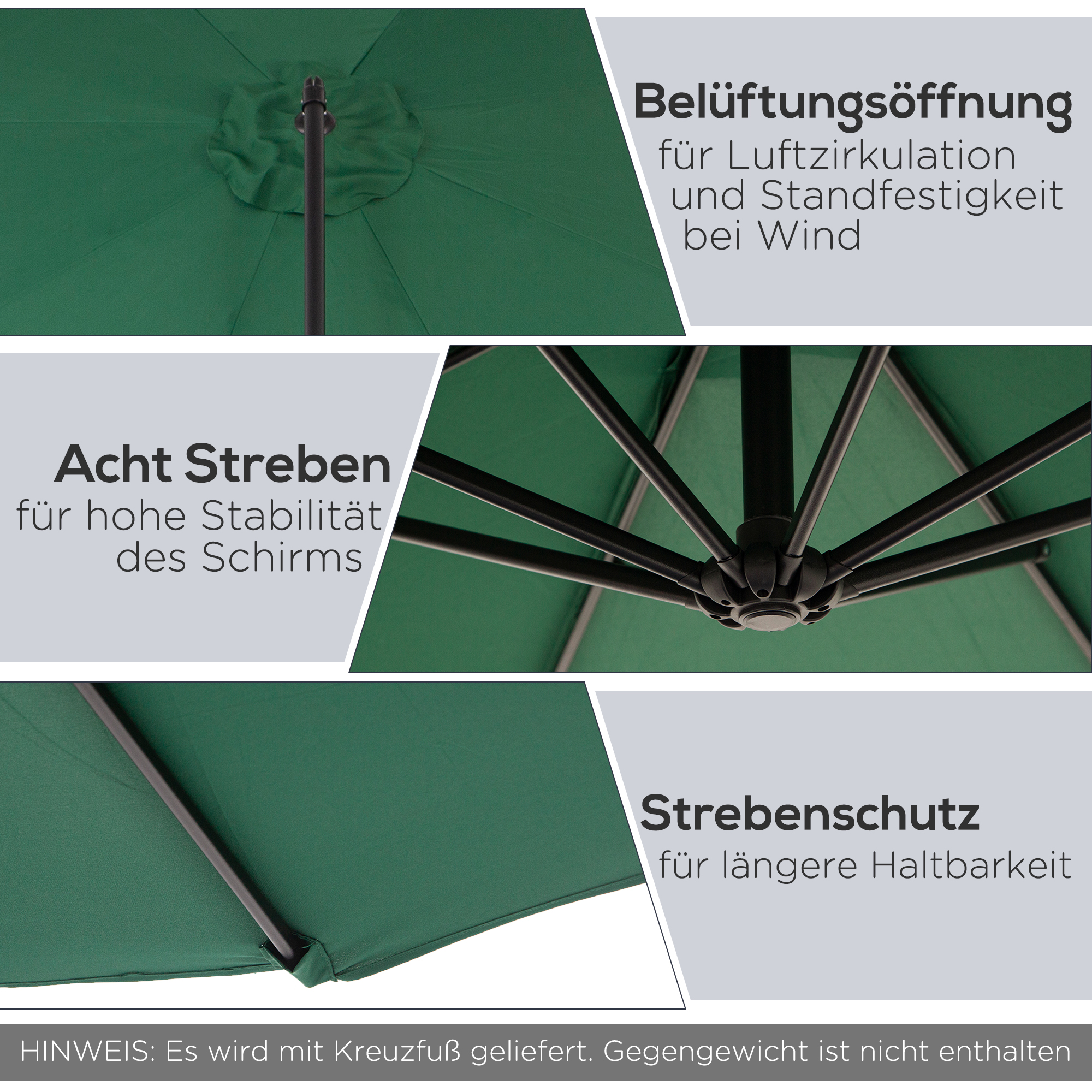 Sonnenschirm mit Handkurbel Wetterbeständig 3 m x 3 m x 2,5 m XXL Grün