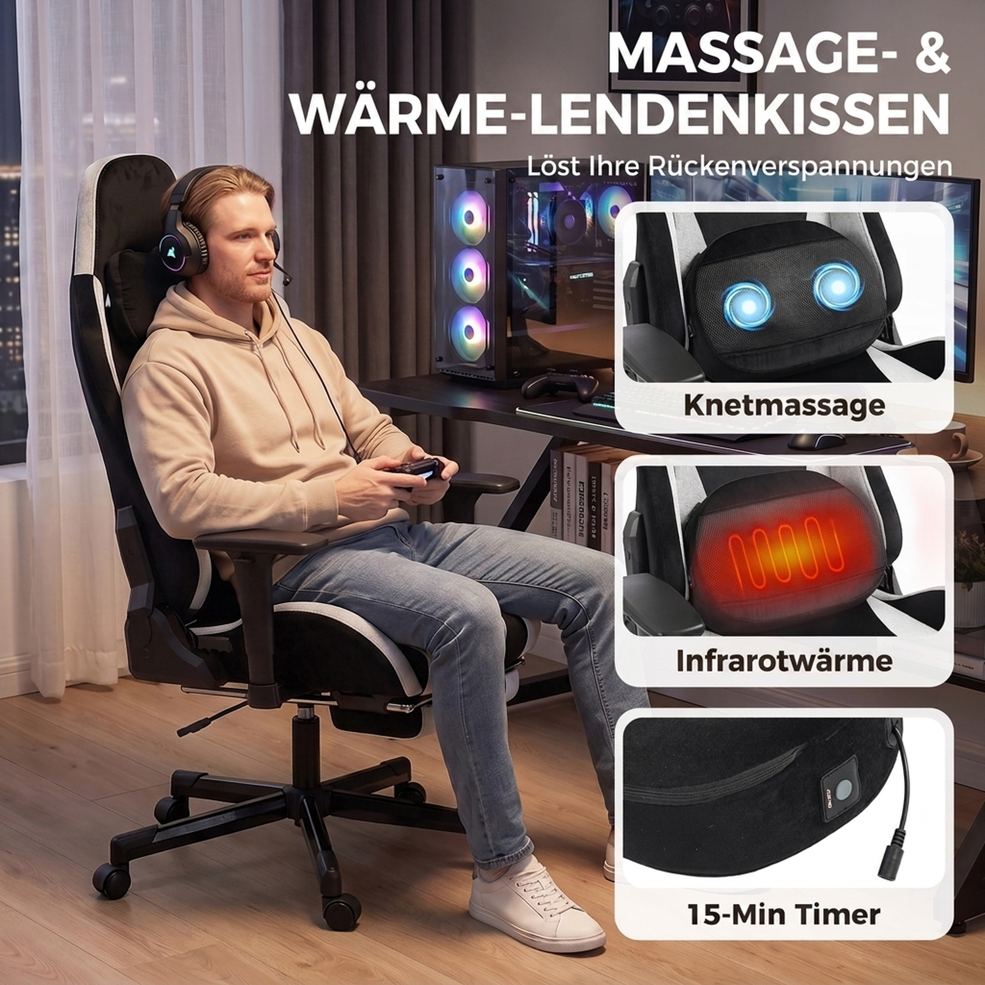 Gaming-Stuhl mit Massage- und beheiztem Lendenkissen, ergonomisch, Leinenoptik, 3D-Armlehnen, Kopfstütze, Schwarz