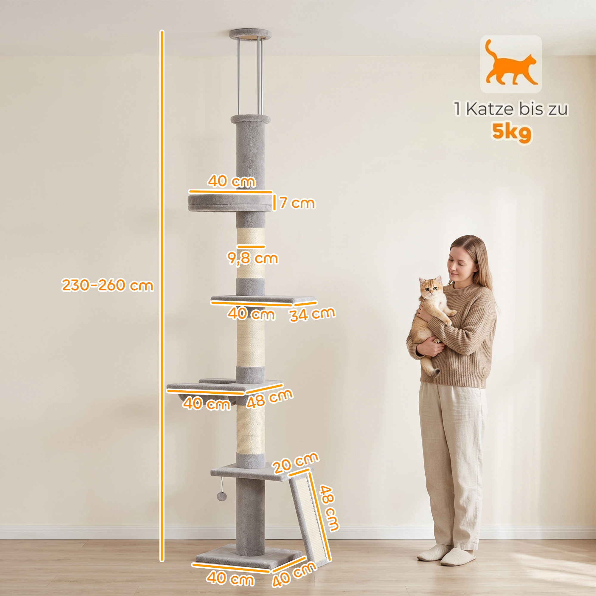 Kratzbaum Deckenhoch 230–260 cm höhenverstellbar Katzenbaum mit 5 Etagen 3 dicke Sisal-Kratzstämmen, Sisal-Kratzbrett