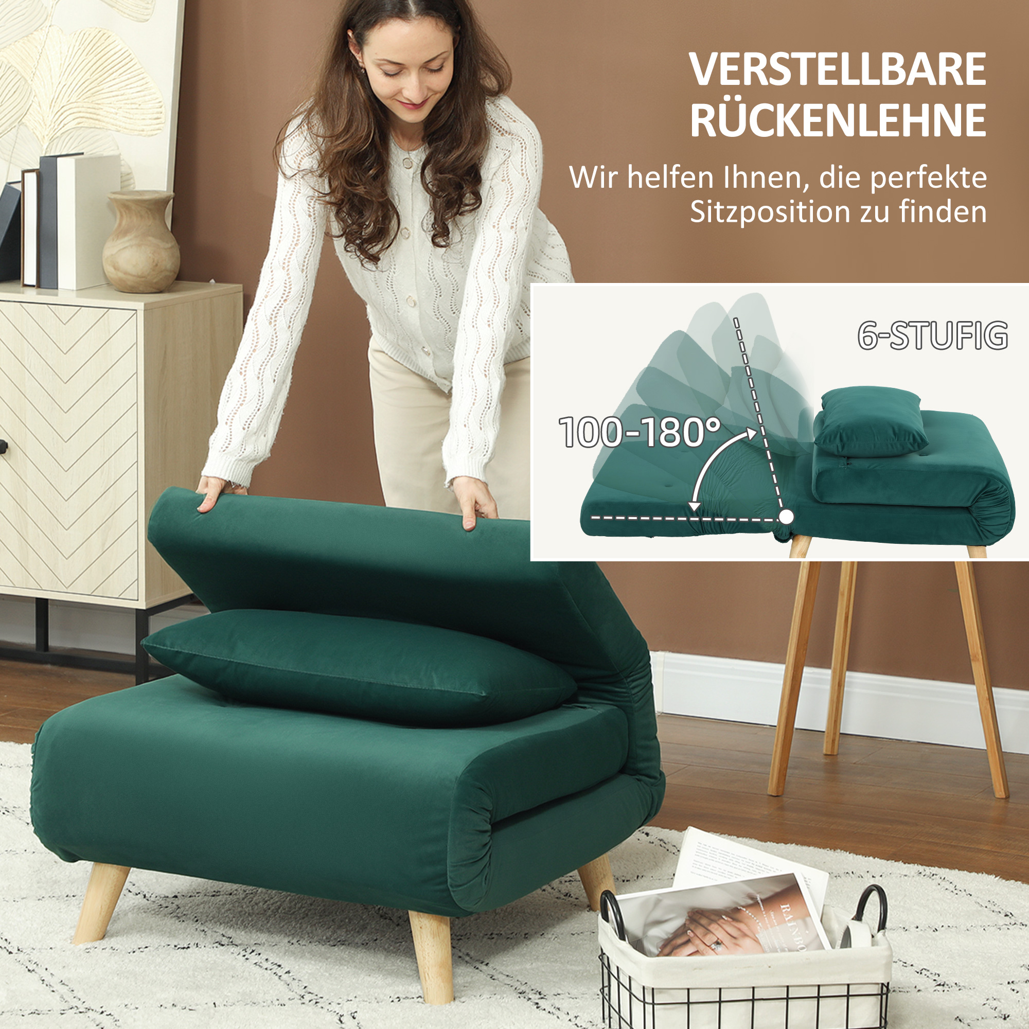 Klappsessel mit Bettfunktion, Klappbarer Relaxsessel in Samtoptik, Verstellbare Lehne, bis 120 kg belastbar, Dunkelgrün