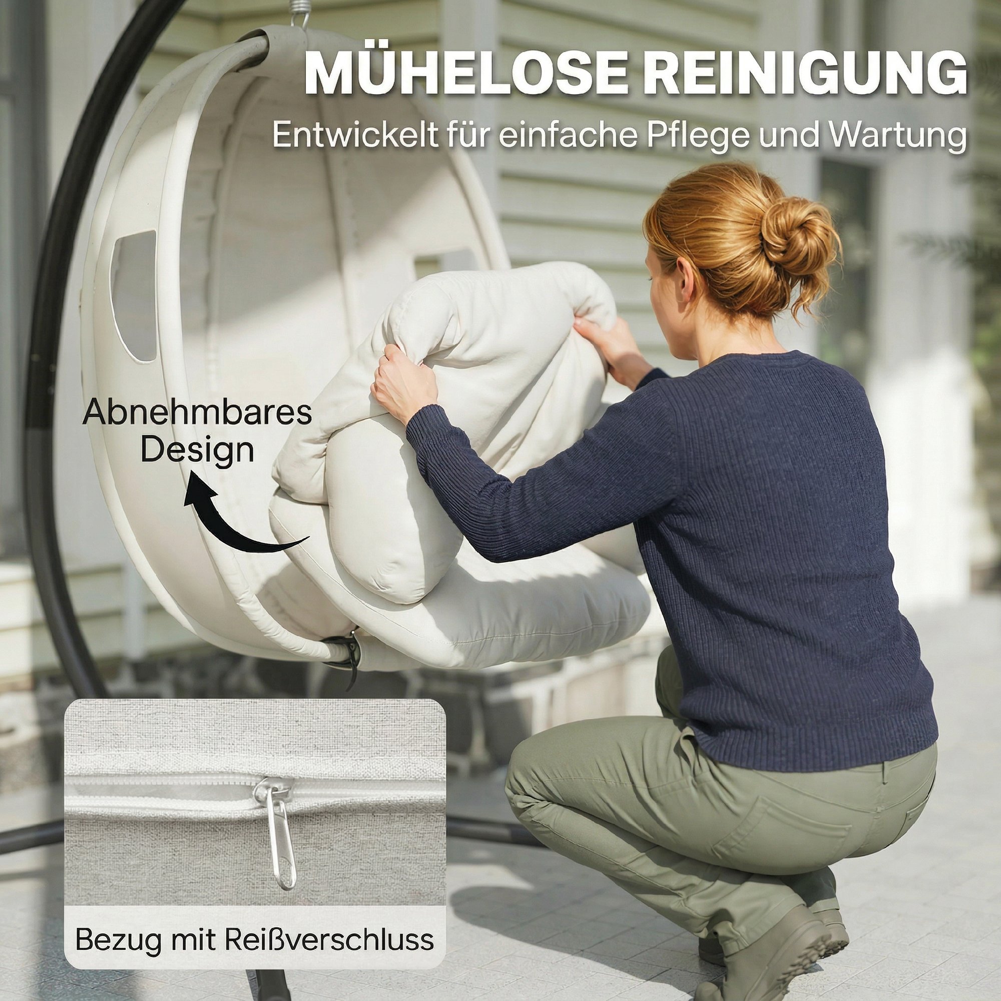 Hängesessel mit Gestell, faltbar Hängekorb mit dick Sitzpolstern verstellbarer Höhe Sicherheitsgurt bis 120 kg