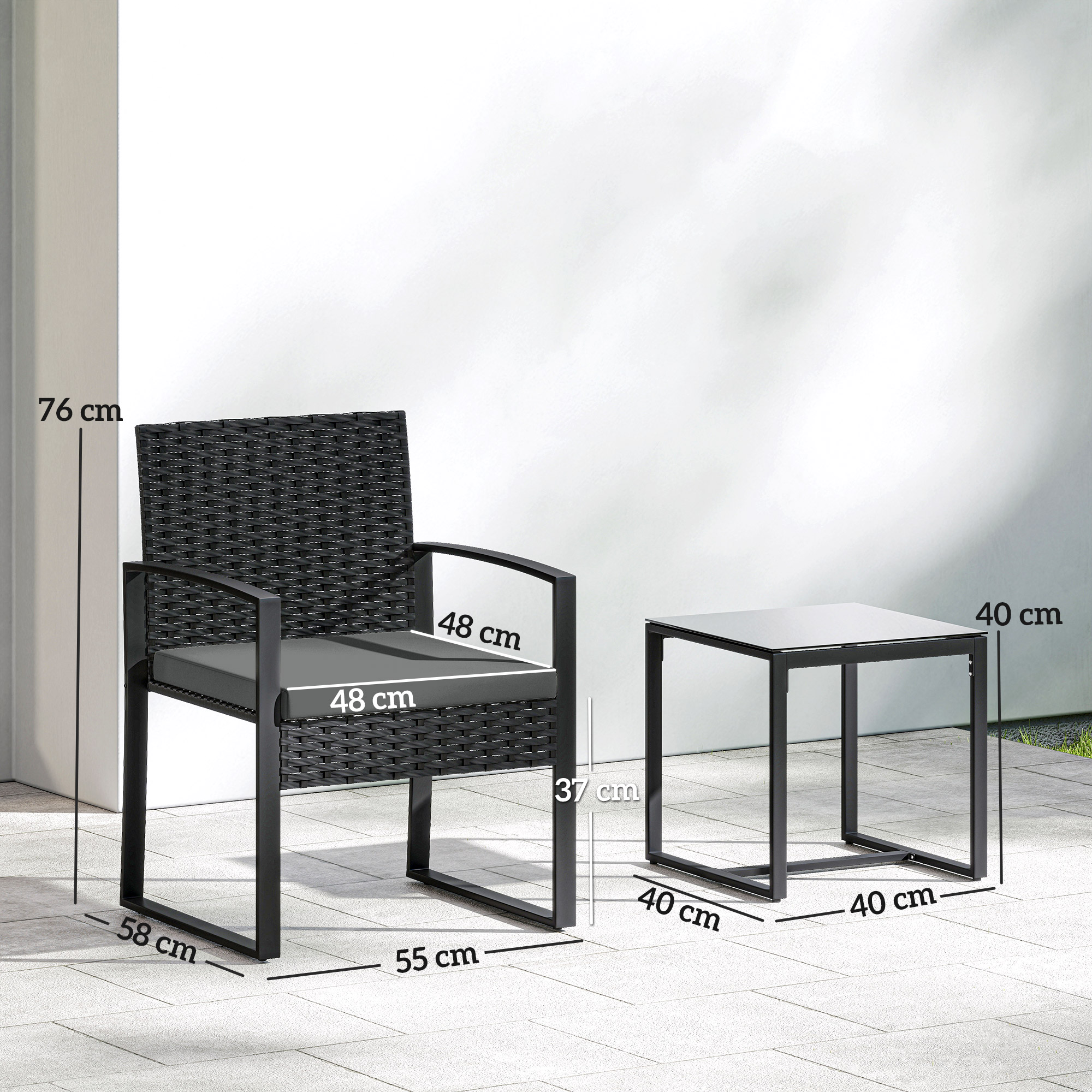 Rattan Bistroset, 3 teiliges Gartenmöbel-Set mit 2 Gartenstühlen, Couchtisch, abnehmbar Kissen Dunkelgrau