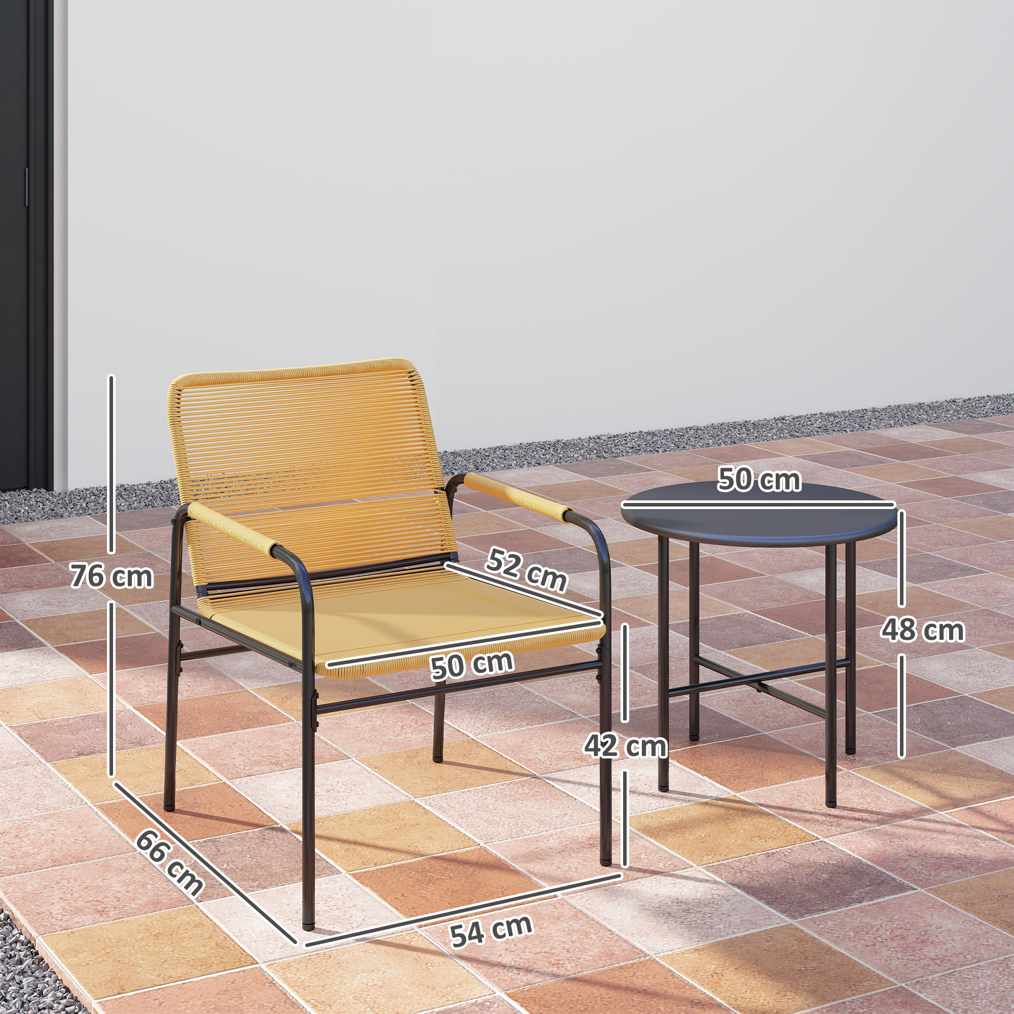 3-tlg, Rattan Bistroset, Sitzgruppe, Gartengarnitur mit 2 Gartensesseln, Couchtisch 54 x 66 x 76 cm Gelb