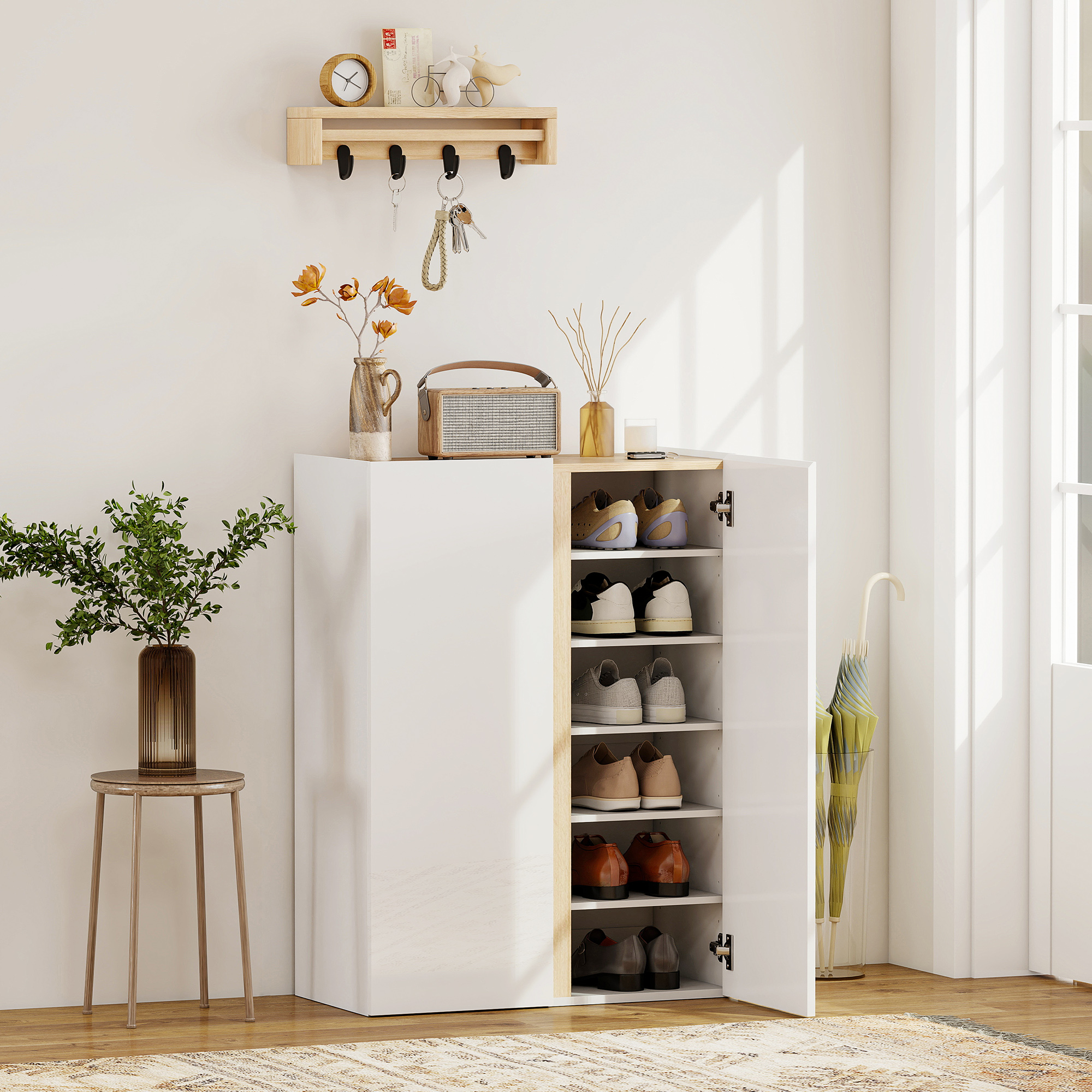 Schuhschrank mit Soft-Close-Funktion, 6-stufiges Design ohne Griffe, fasst bis zu 18 Paare, für Flur, Eingangsbereich, Holz, Weiß