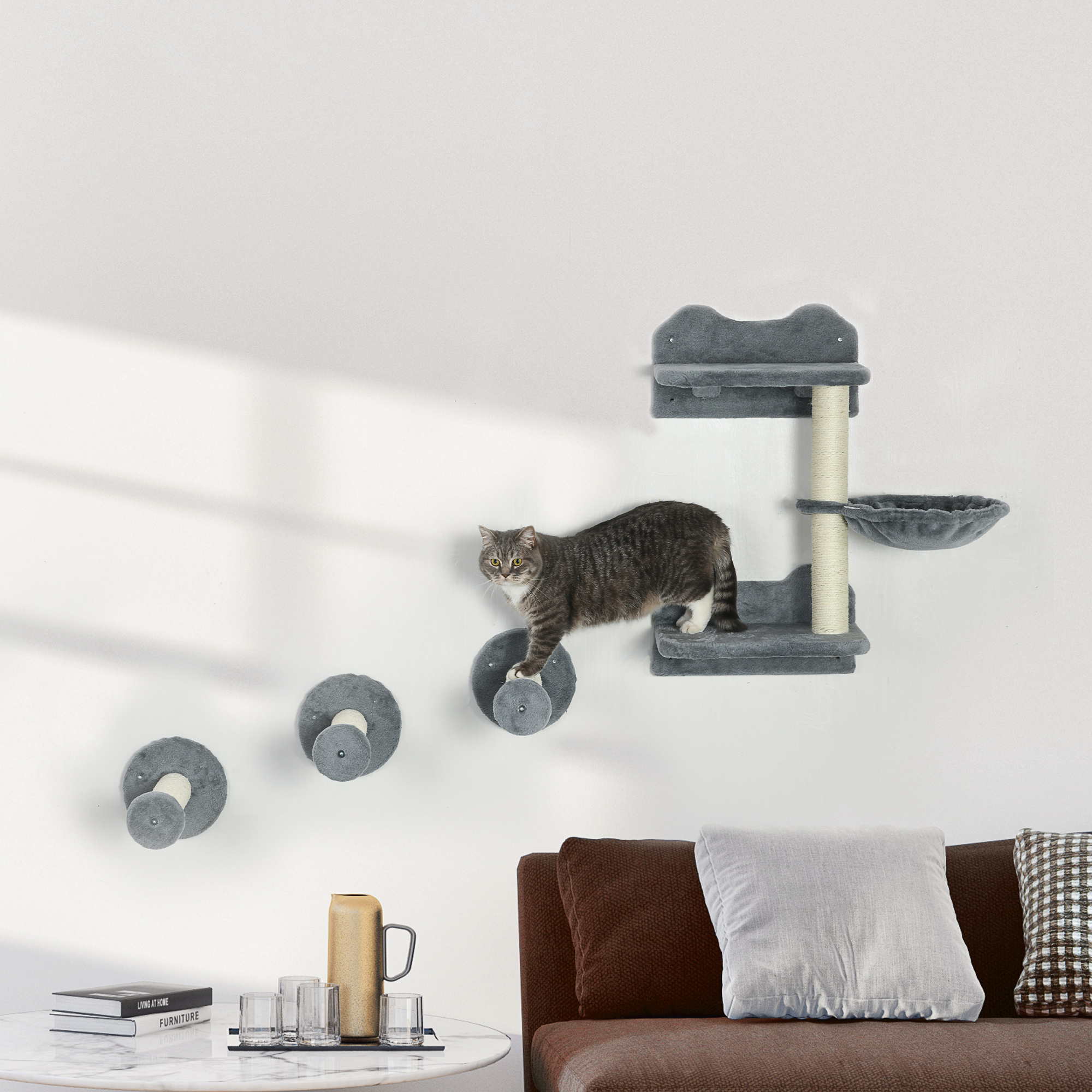 Kletterstufen, Kletterwand, Katzentreppe, 4-tlg. Set, mit Kratzbaum, Hängematte, grau+cremeweiß, 40 x 28 x 73cm